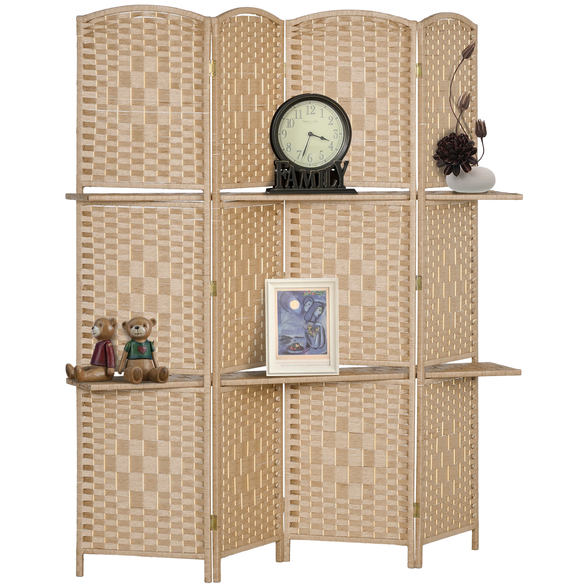 Écran de séparation 160x170 cm naturel de pièce 4 panneaux avec 2 étagères d’exposition pliantes paravent de confidentialité - 3