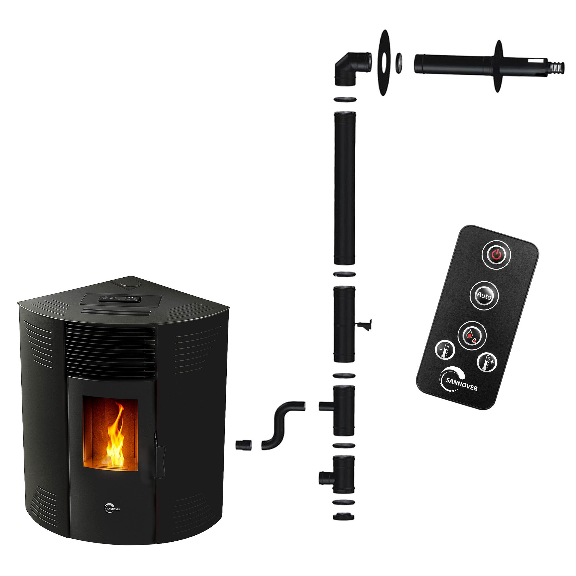 Soba pe peleți de colț, Iseos 12,2 kW, Negru Sannover + kit de instalare