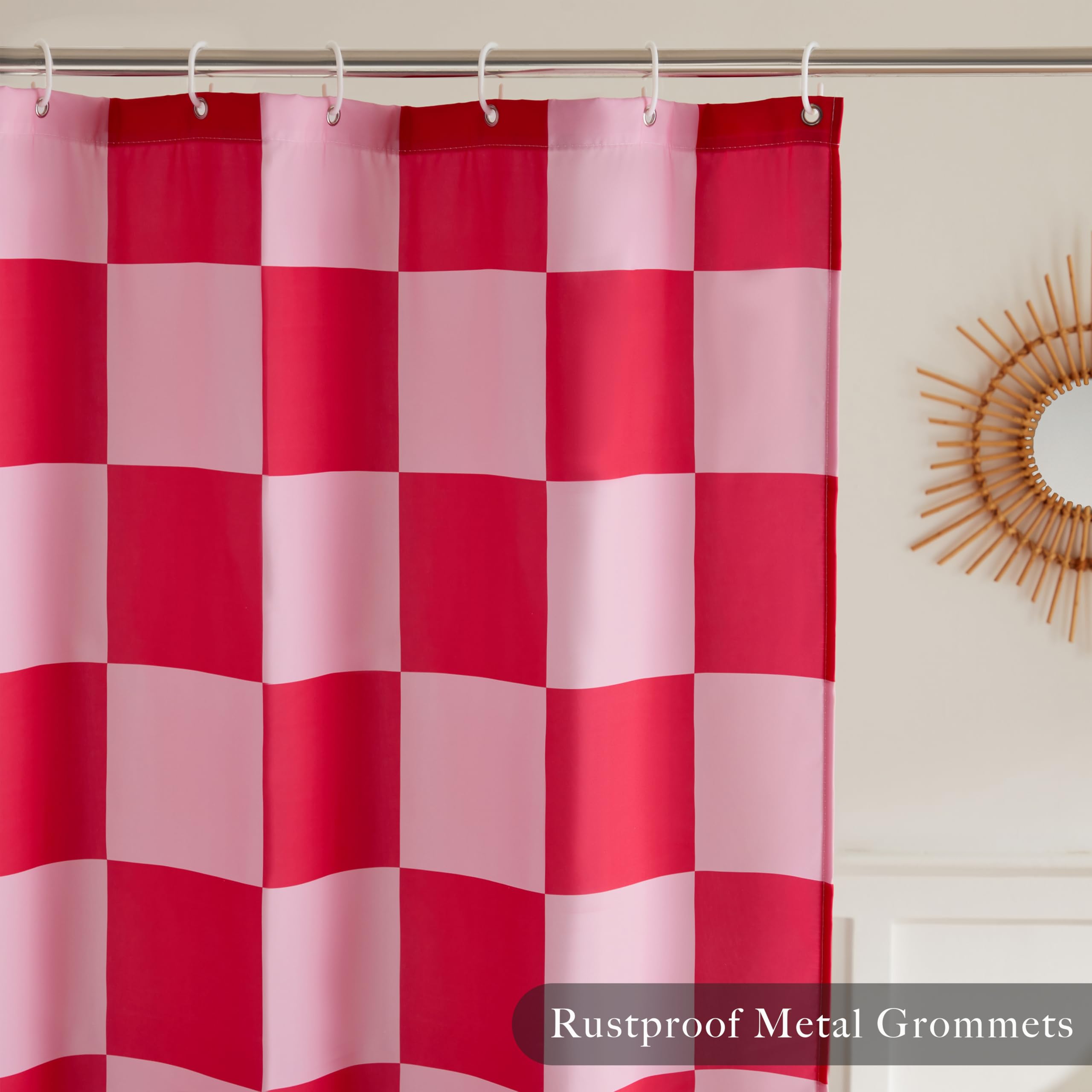 Rideau de douche en treillis pour salle de bain, lavable en machine, joli rideau de douche rétro en damier, 180 x 180 cm, rose rouge - 3