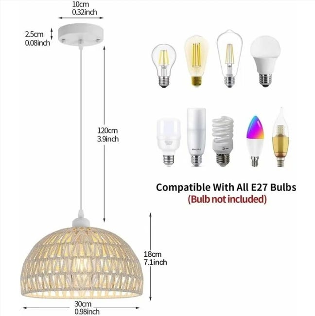Pheashine Lustre En Rotin Naturel Suspension Vintage E27 - Lampe Bohème Pour Salon, Cuisine, Chambre