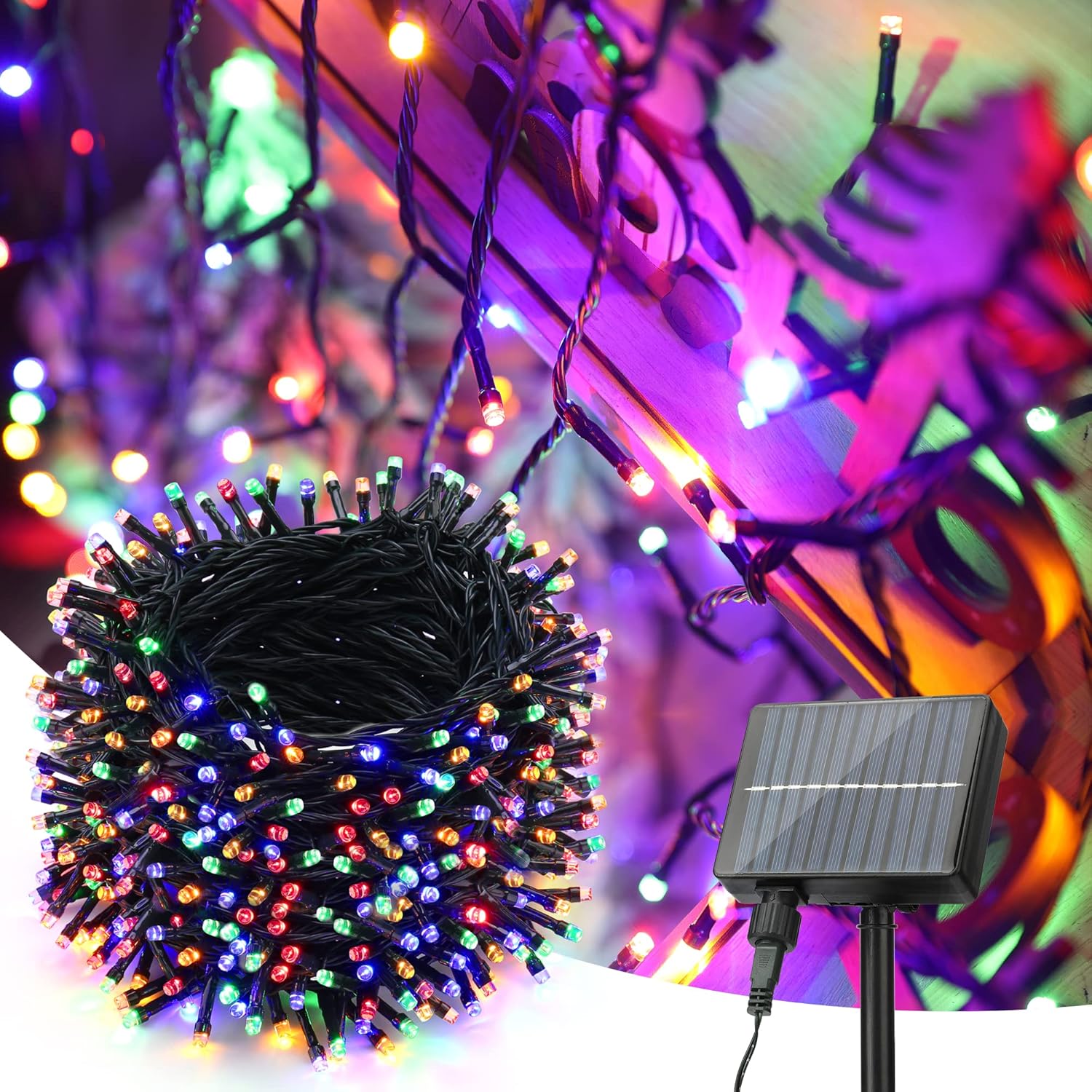 Lampki solarne na zewnątrz, 52 m, 500 diod LED, 8 trybów, wodoodporne, do ogrodu, na imprezę, wesele, do dekoracji podwórka, wielokolorowe