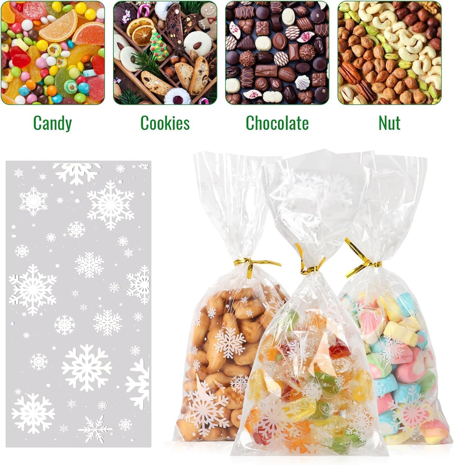 Sachet Biscuit Noel, 100Pcs Sachets Transparents pour Biscuits Sachet Bonbon Plastique, Sachet Alimentaire Cellophane Sacs de Cadeau Noel - 3