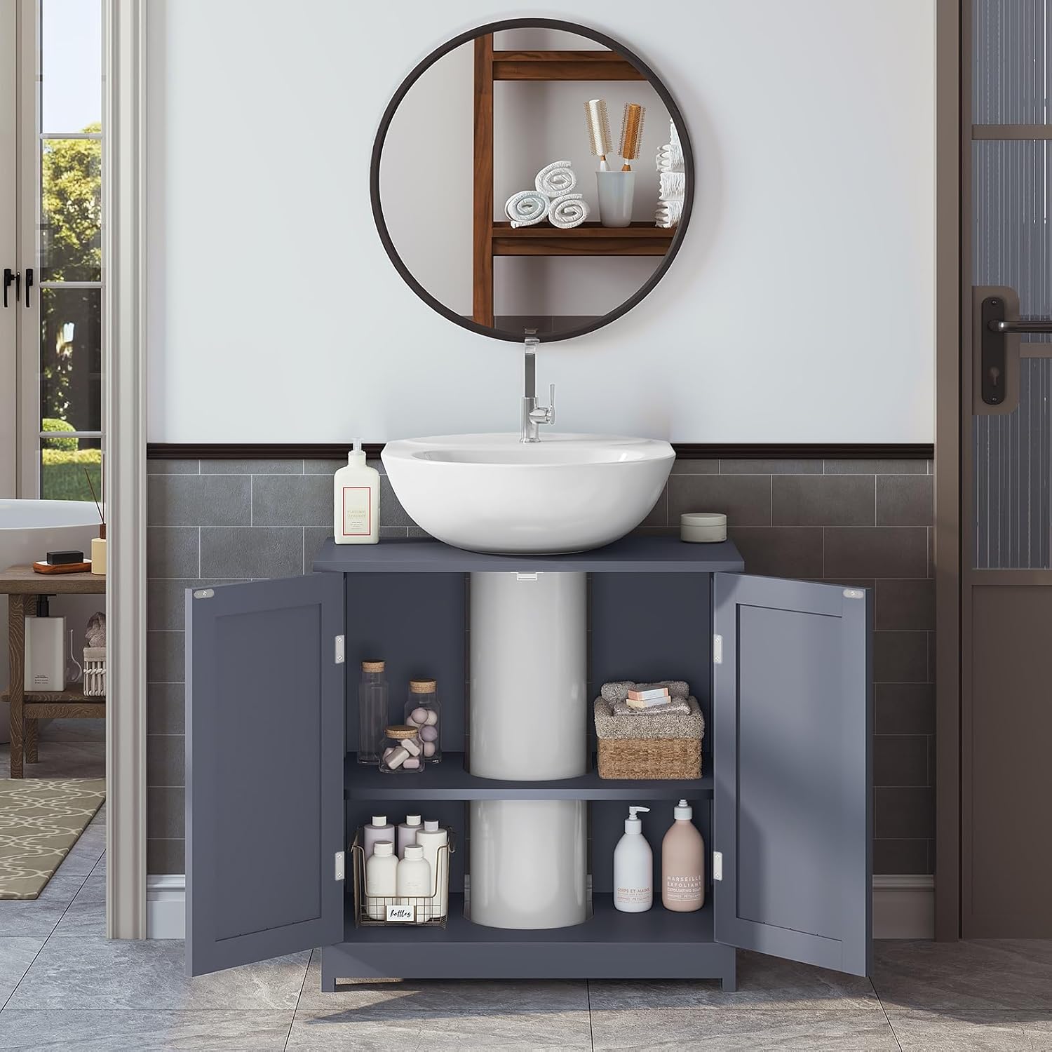 Meuble de salle de bain - Meuble sous lavabo en bois - Meuble de rangement - Armoire de salle de bain - en MDF - 60x60x30cm - Gris - WOLTU - 3