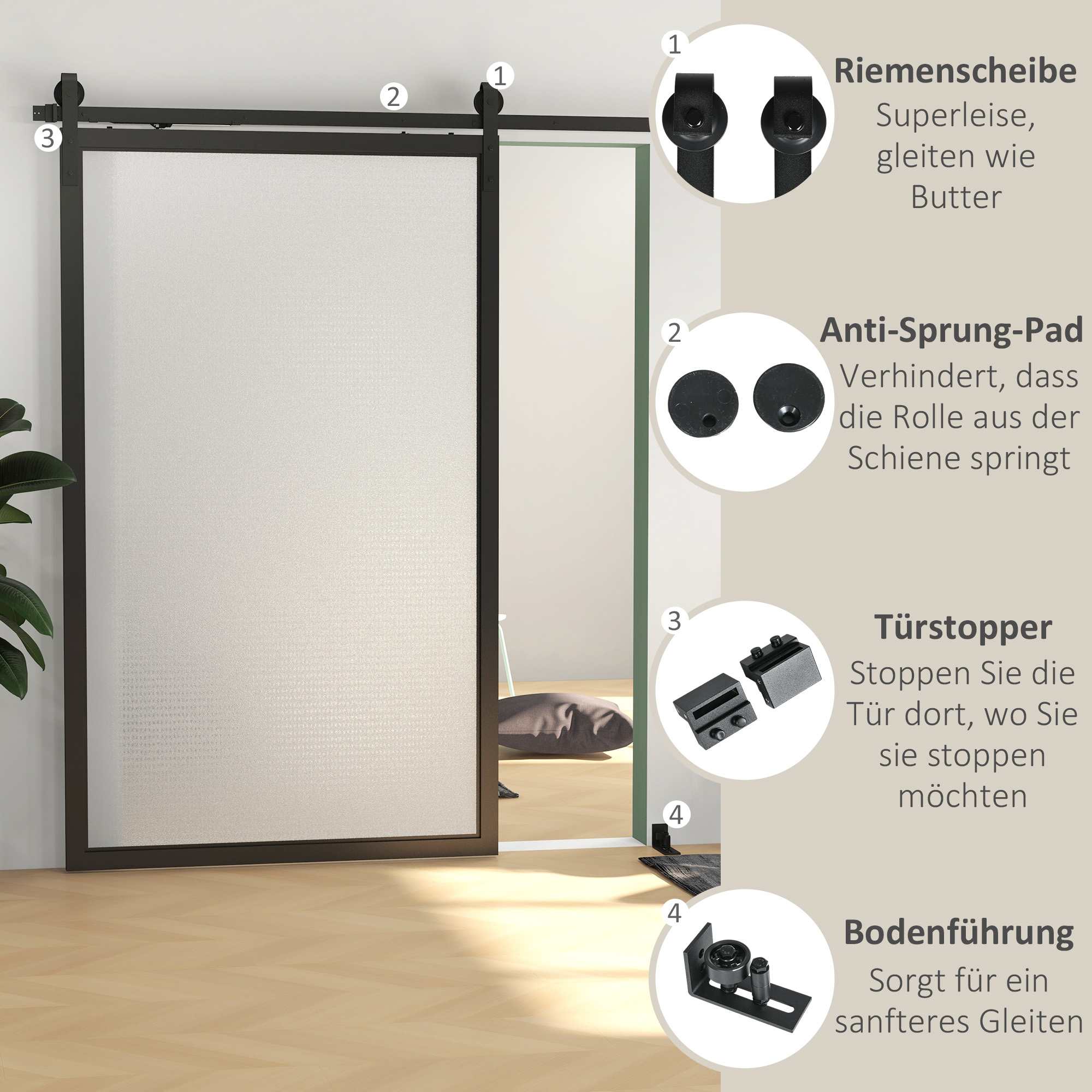 Kit Rail Porte Coulissante 244cm , Acier Carbone Noir, Antidéraillement, Roulettes, Butée, Guide Sol, Accessoires Montage - 6