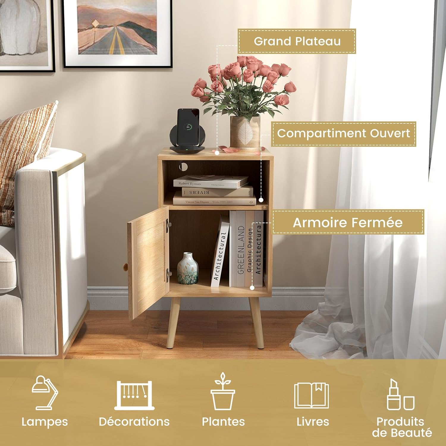 Table de Chevet 40 x 39 x 70 cm, Table de Nuit avec Etagère Ouverte et Porte Décorée de Cannage en Rotin PE, Pieds en Bois Massif (Naturel, 1) - 4