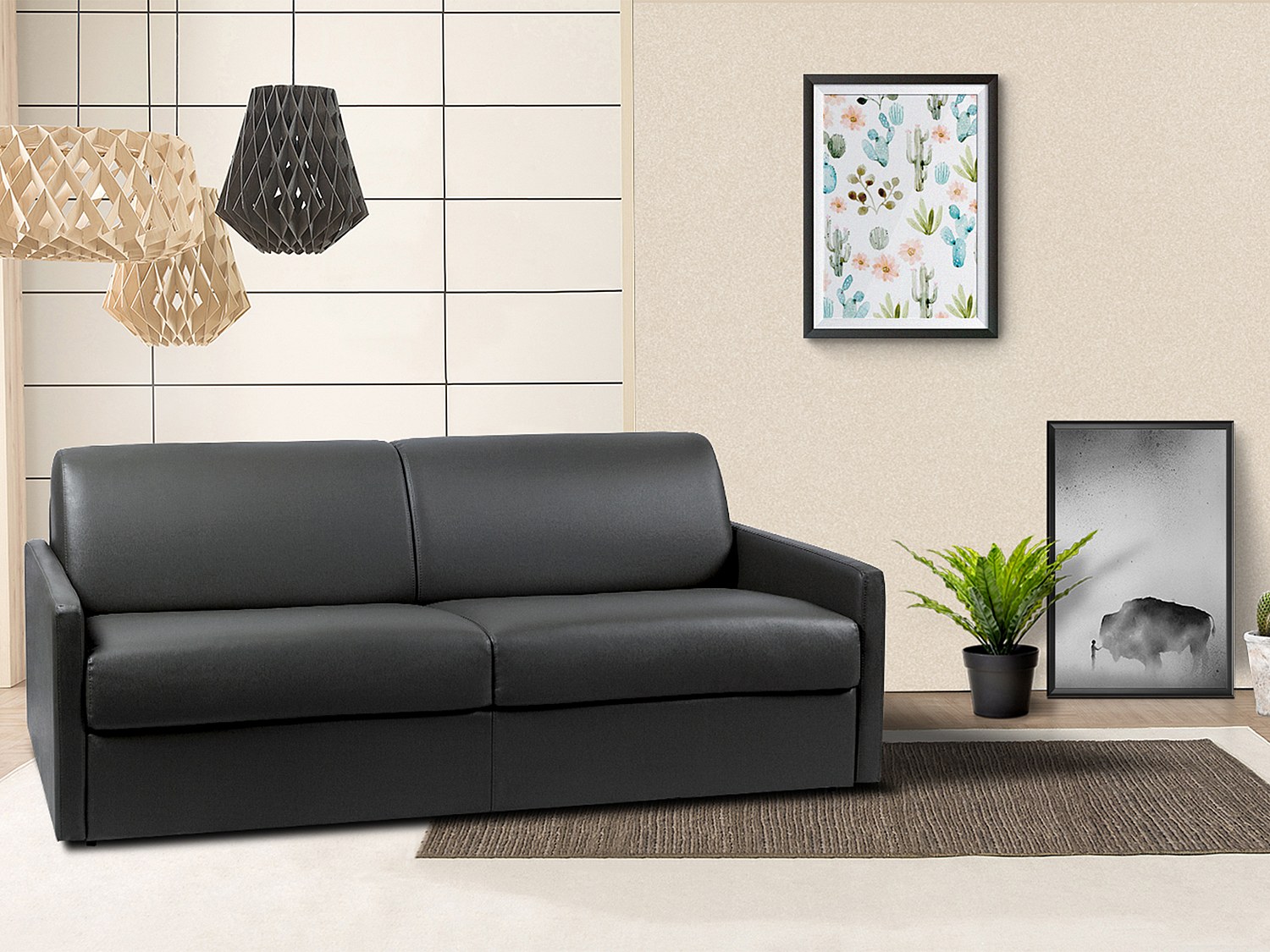 Canapé 4 places convertible express en simili noir - Couchage à lattes larges 160 cm - Matelas 18 cm CALIFE - 6