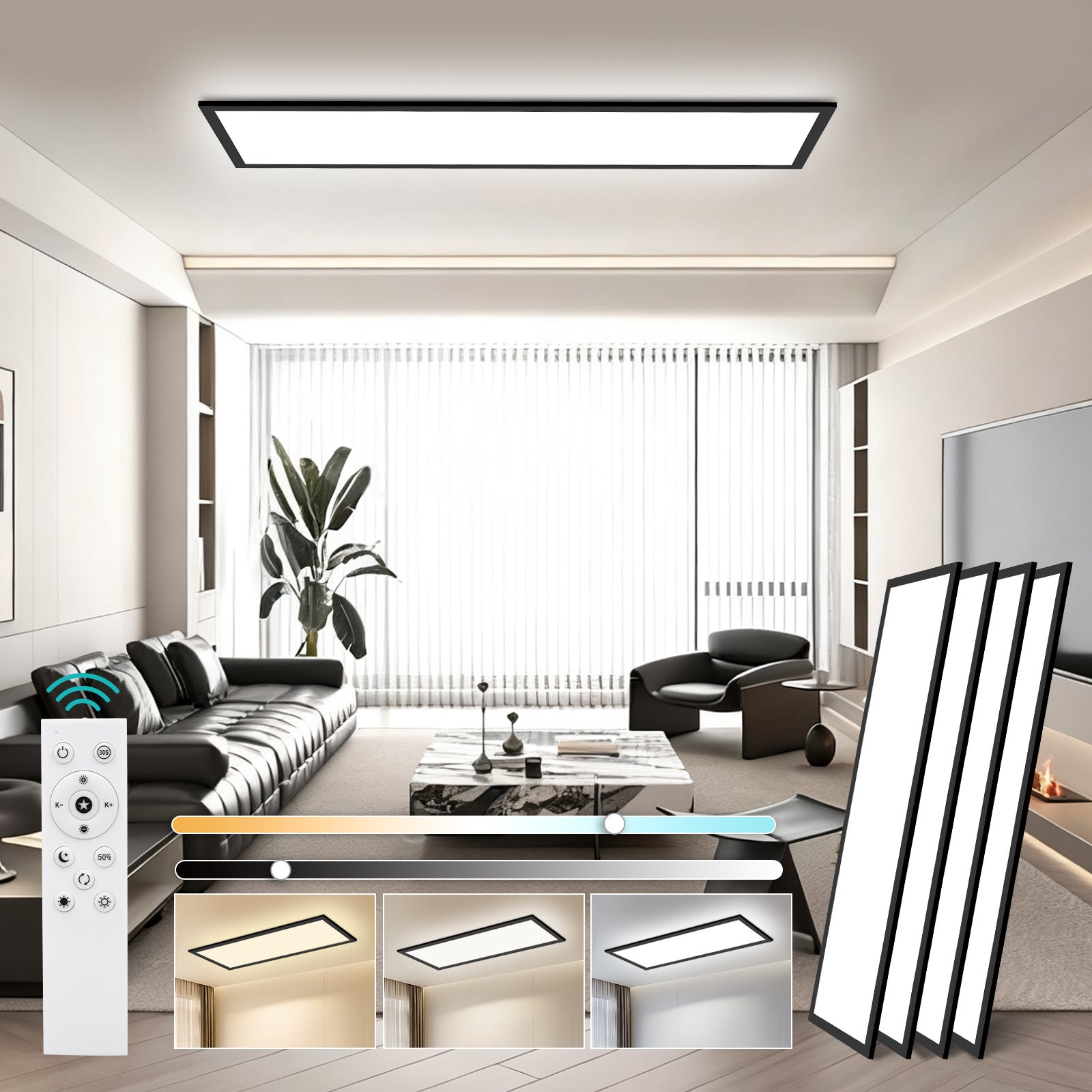 LOVHAUS 4PCS Lampa Sufitowa LED 30W Czarna 100x25 cm, Panel LED Sufitowy Prostokątny Nowoczesny Ściemniający do Salonu, Biura, Kuchni z Pilotem