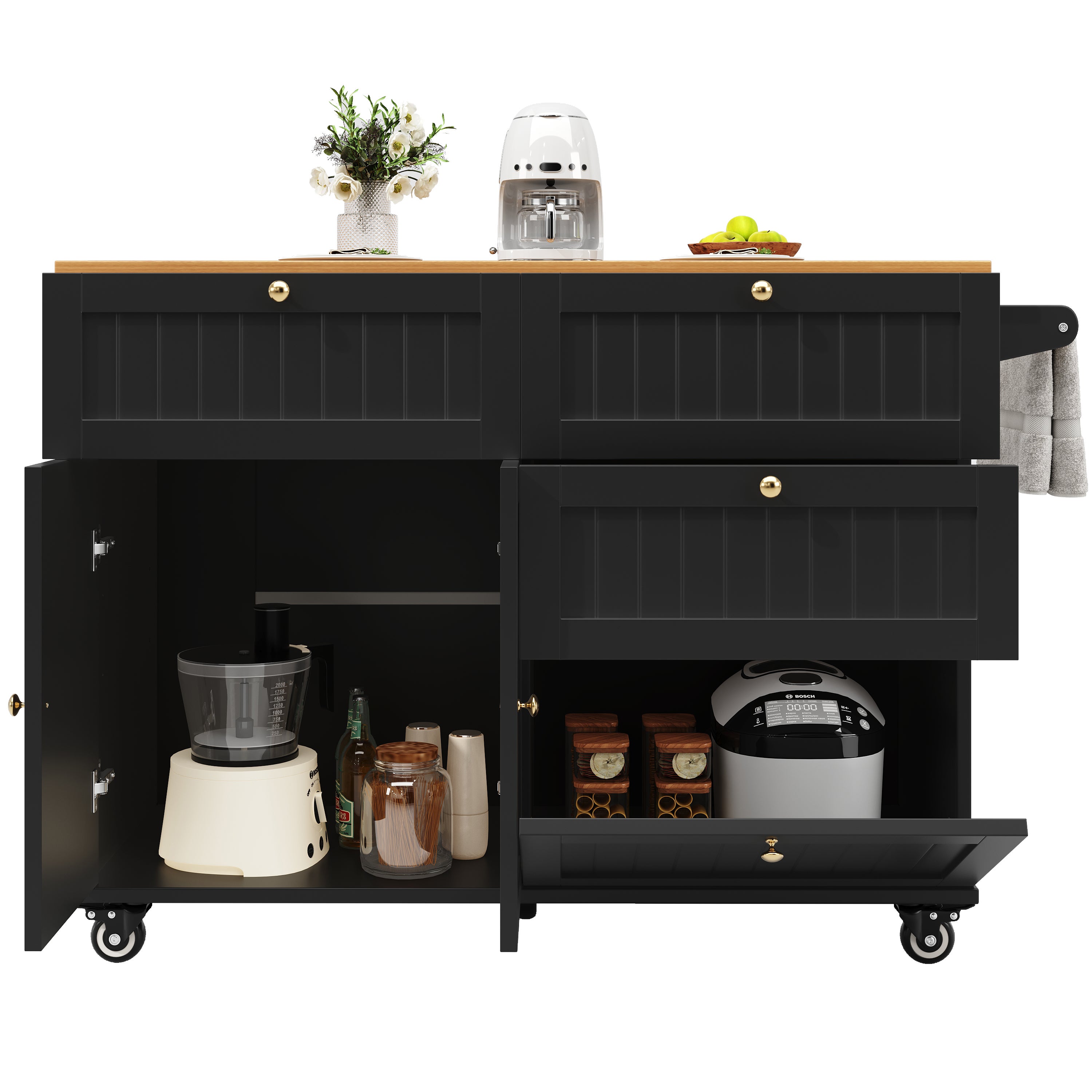 Ilot central de cuisine mobile avec 2 portes, 3 tiroirs et porte-serviette - Plateau extensible - 120.8x37.3/70x88cm - MDF - Noir + naturel - 8