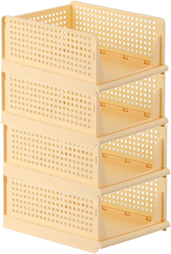 Cesta de almacenamiento amarilla de 33,5 x 43 x 18,5 cm, 4 piezas, divisor de cajón de plástico, contenedor de oficina para armario, cocina