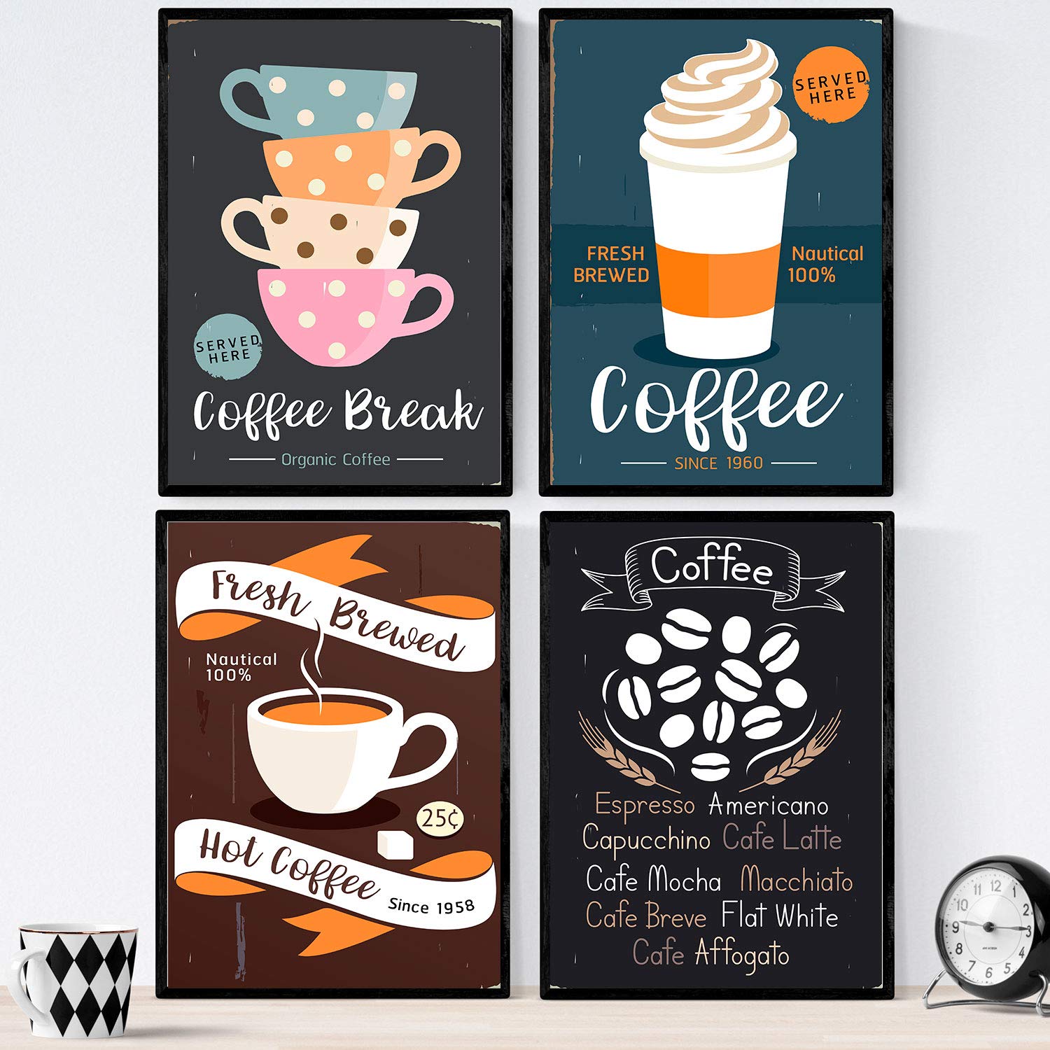 Set de láminas de cafe. posters de tipos de cafe. cafe colorido 2. sin marco - a4