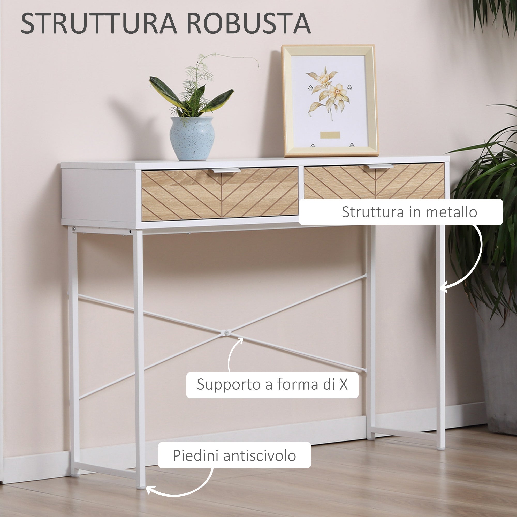 HOMCOM Consolle da Ingresso Moderna con 2 Cassetti in Metallo e Struttura Incrociata, 100x30x75 cm, Bianco - 6