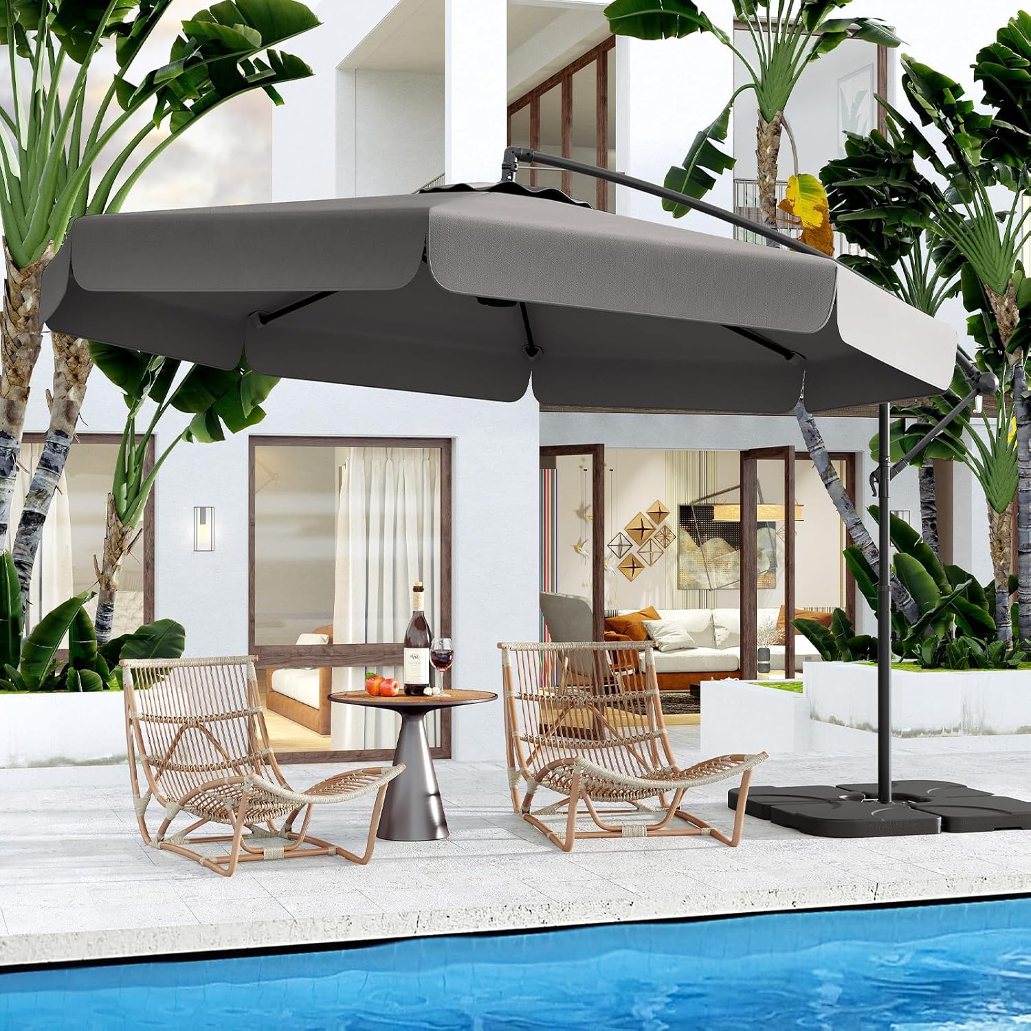 Parasol Déporté 3x3m avec Housse, Grand Parasol de Jardin Exterieur,8 Baleines et Base Croisée, Parasol Inclinable Suspendu avec Manivelle(Gris) - 9