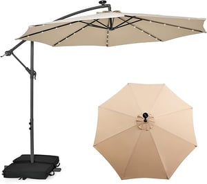 Parasol Déporté Ø300CM Parasol de Jardin Extérieur Inclinable 40 LED Solaires 8 Baleines, Grand Parasol avec Pied pour Terrasse Plage Cour (Beige)