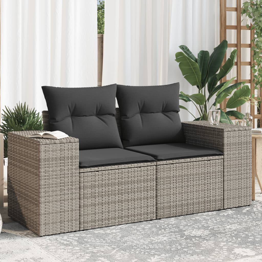 Canapé de jardin 2 places avec coussins gris résine tressée - 2