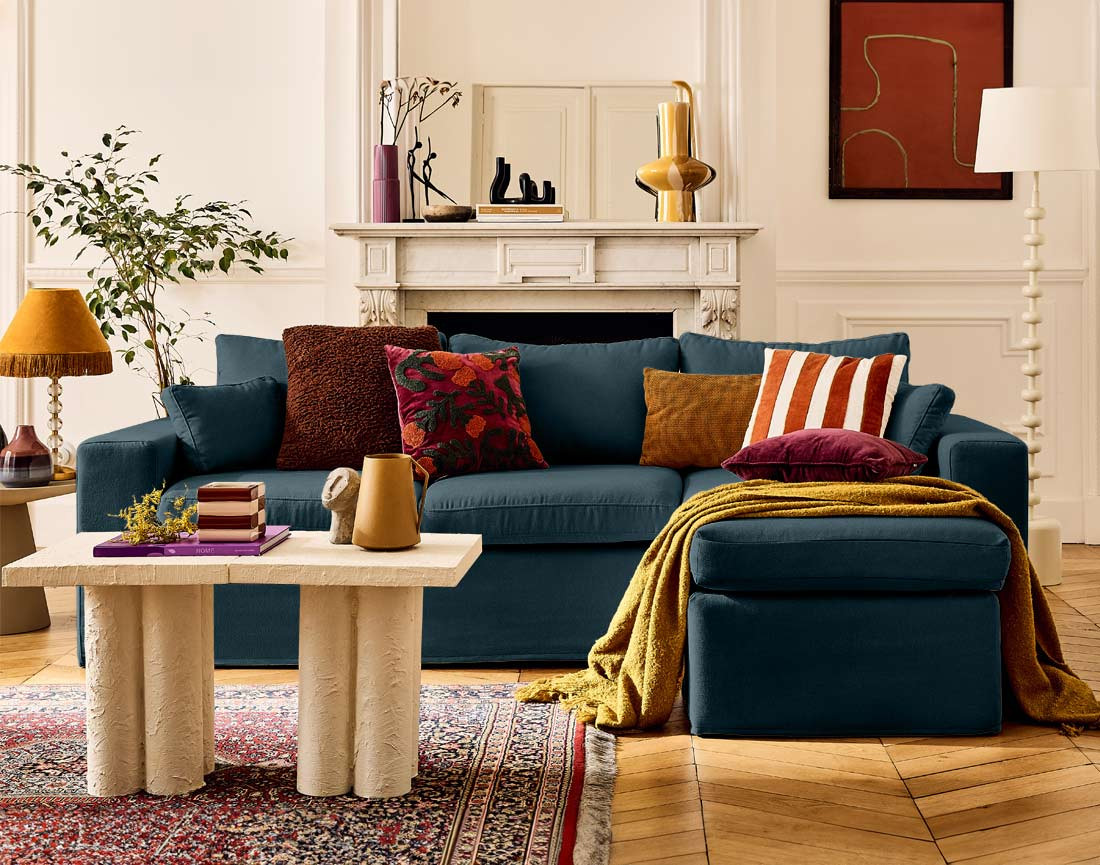 Canapé D'angle Réversible 3 Places – Tissu Bleu Moderne – L 286 X P 169 X H 80 Cm (Neuf)