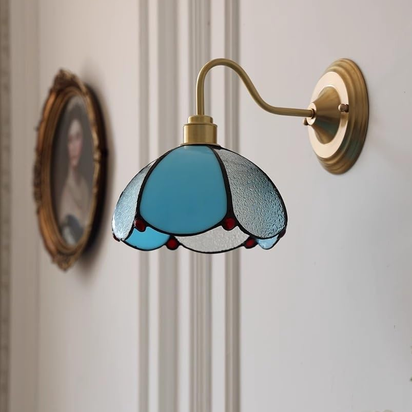 Kinkiet, lampka nocna w stylu vintage, mosiężna lampa ścienna z kloszem szklanym, lampa ścienna wewnętrzna z żarówką, ciepłe światło 3000K - 2
