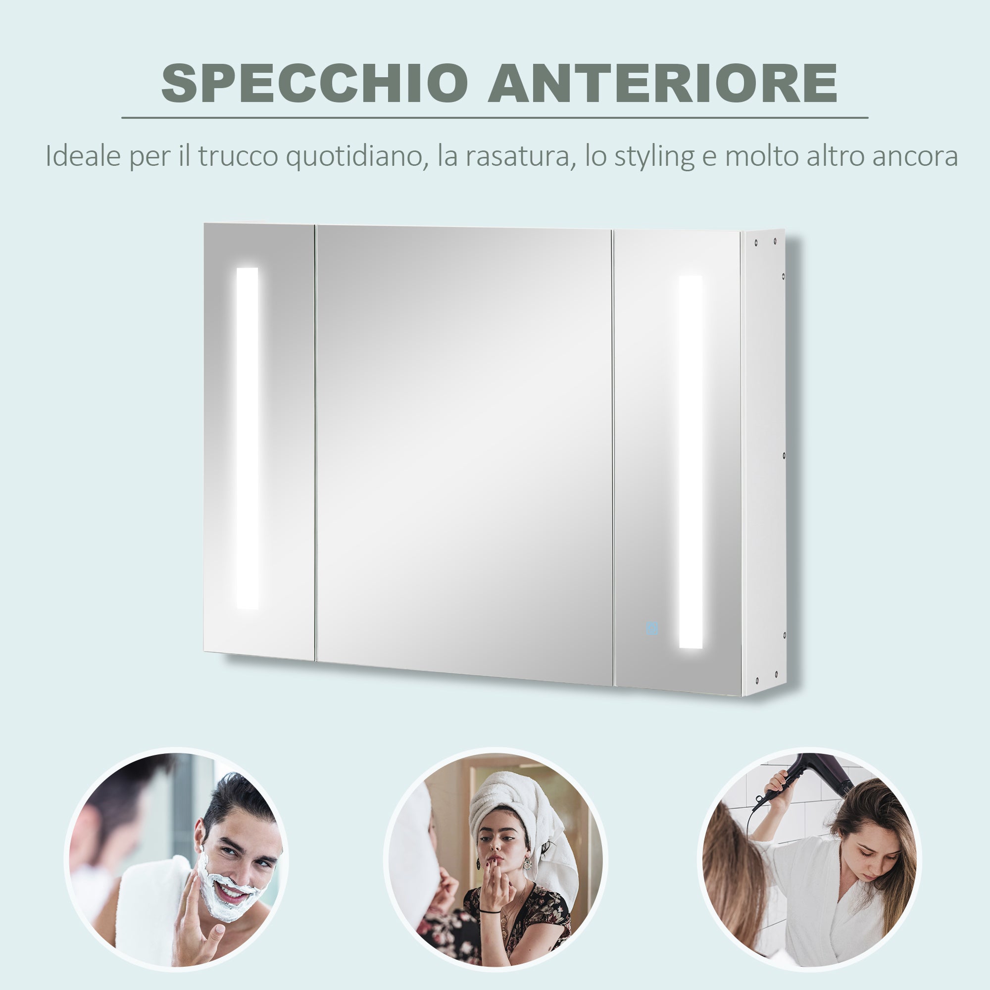 kleankin Armadietto Specchiera da Bagno con 3 Armadietti, 3 Ripiani e Luce LED, 90x15x65 cm, Bianco - 7