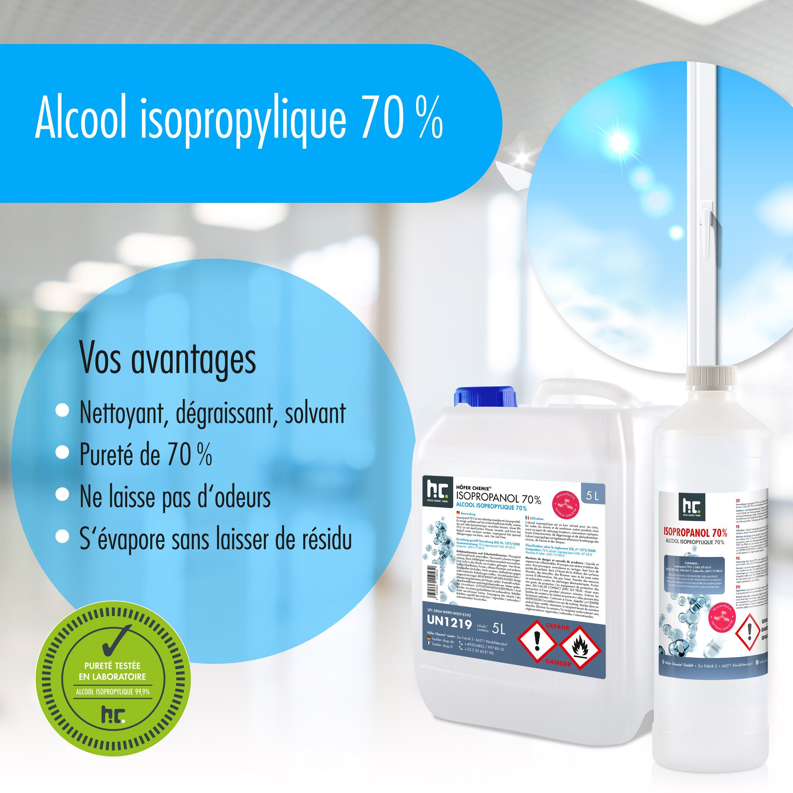 1 x Alcool isopropylique 70% Höfer Chemie® en bouteille de 1 L - 3