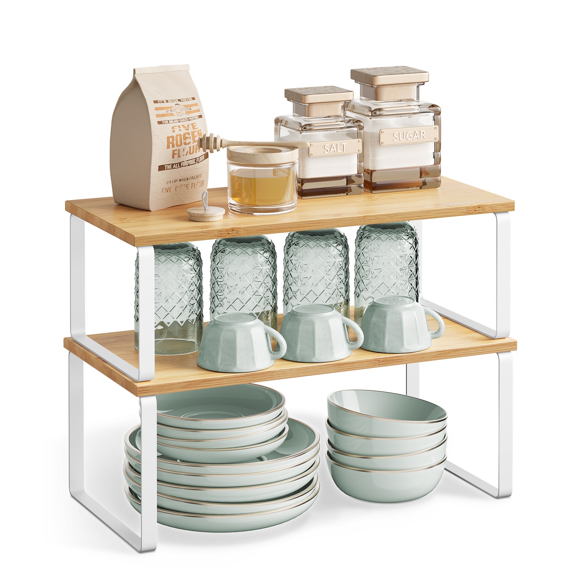 Organizadores de Cocina, Juego de 4 Estantes Apilables y Expandibles, Metal y Madera, Blanco y Beige - 8