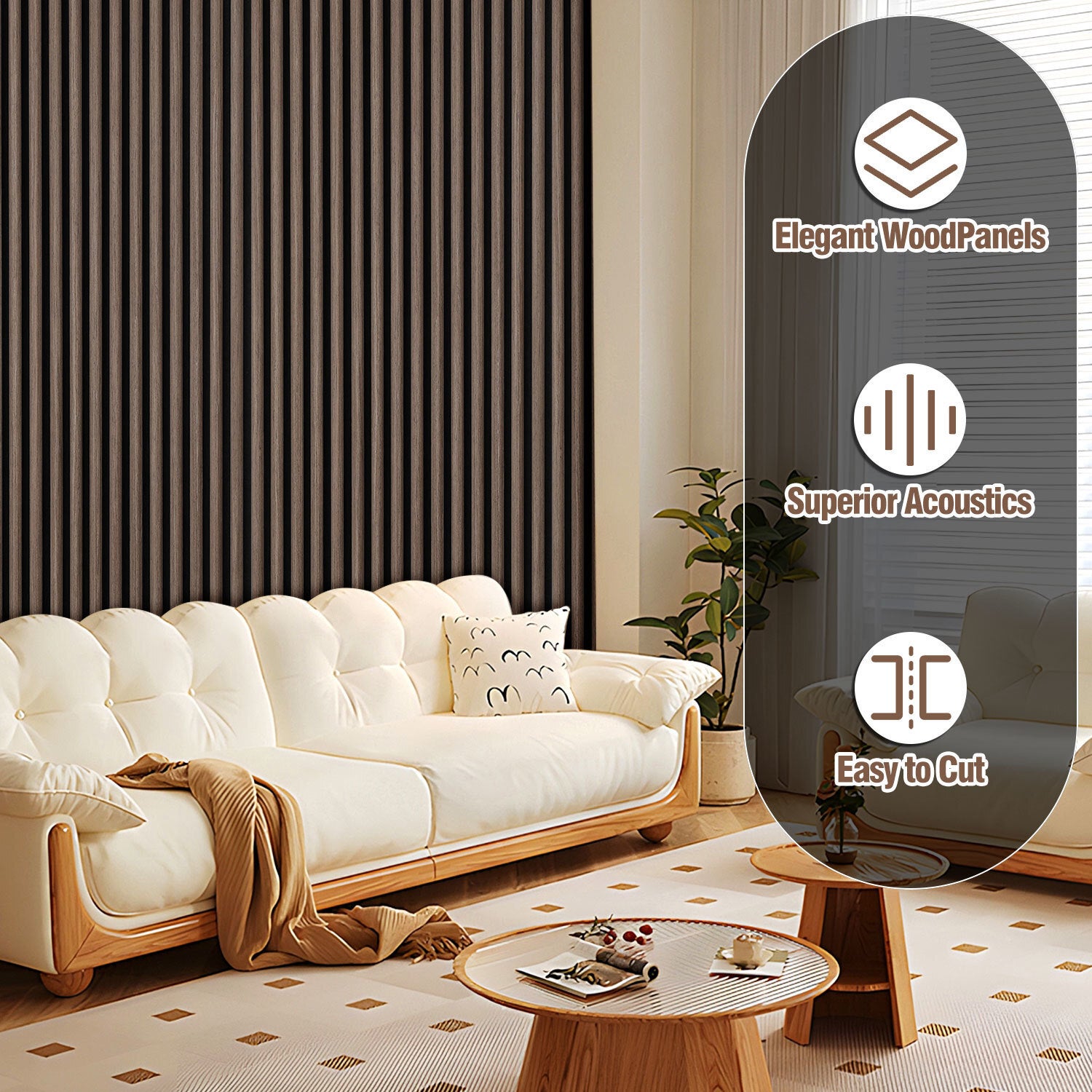 Semicirculares Painel com ripas Revestimento de parede natural Painel acústico de parede MDF moderno em madeira e feltro 1x 120x60x2,1 cm nogueira - 5