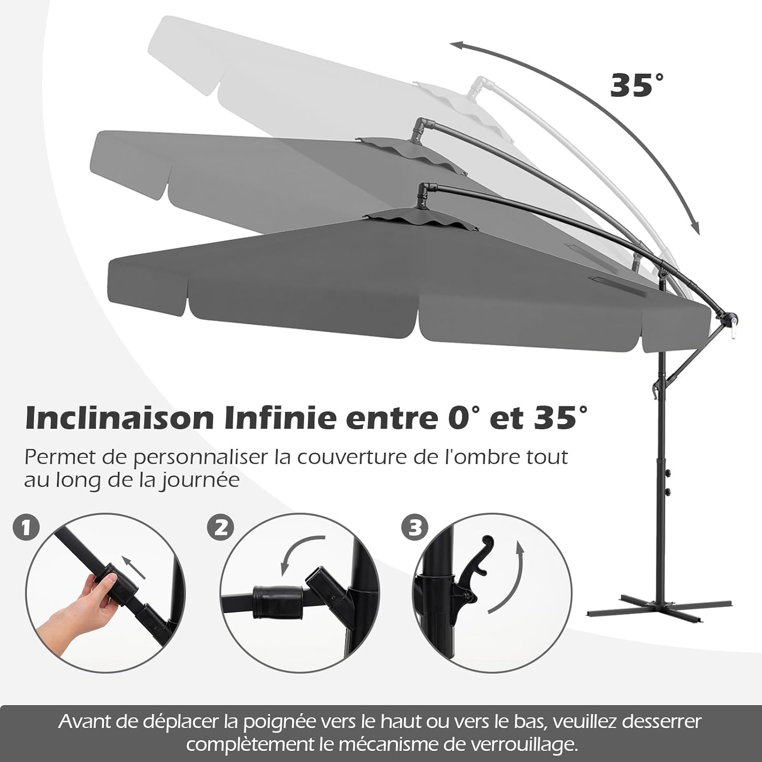 Parasol Déporté 3x3m avec Housse, Grand Parasol de Jardin Exterieur,8 Baleines et Base Croisée, Parasol Inclinable Suspendu avec Manivelle(Gris) - 4