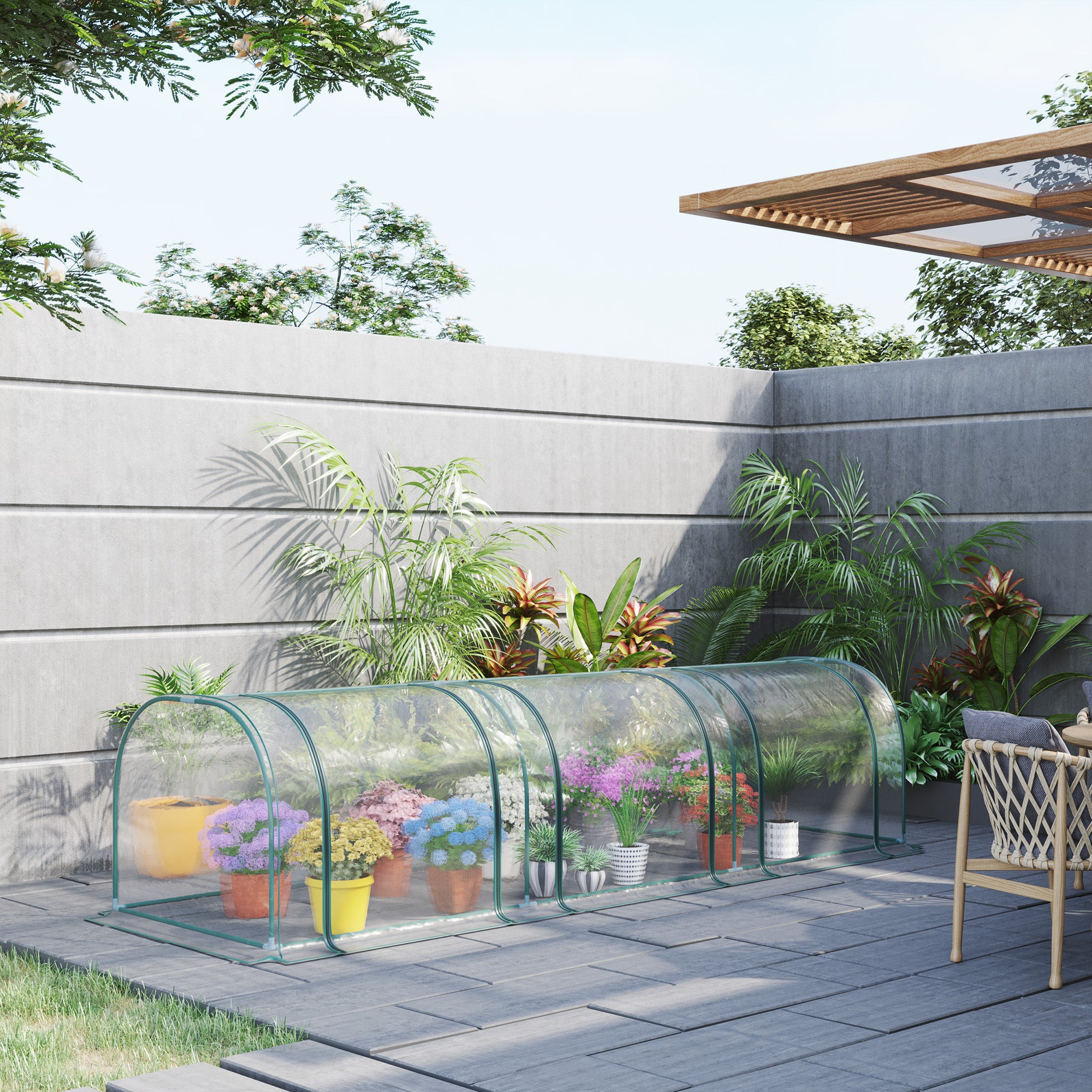 Mini serre tunnel tomate 3,5x1x0,8m, acier PVC haute densité anti-UV, 3 fenêtres zippées enroulables, pour potager, vert et transparent - 4