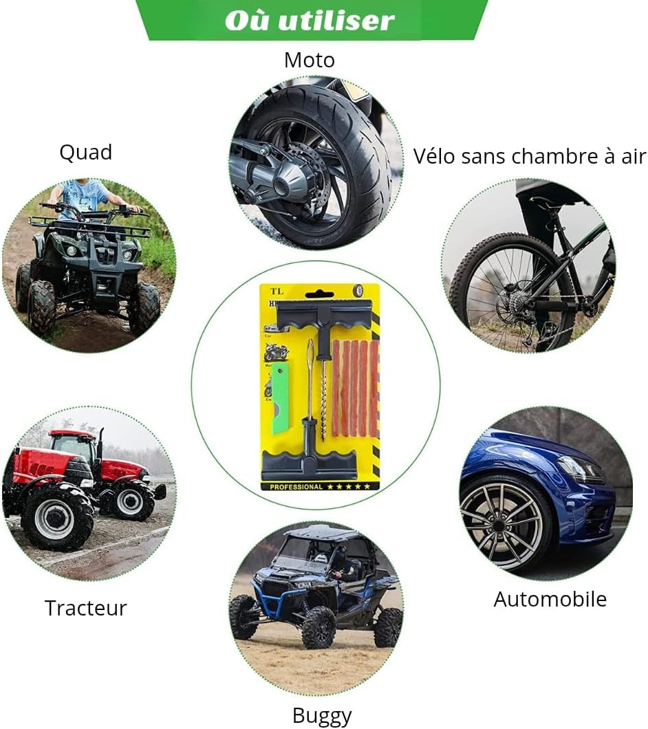 Meche Pneu Crevaison - Kit Reparation Pneu Voiture - Répare en 15 Minutes - Inclut 10 Mèches,1 Outil T spiralé,1 Insert d'outil en T,2 Gants et 1 Cu - 2