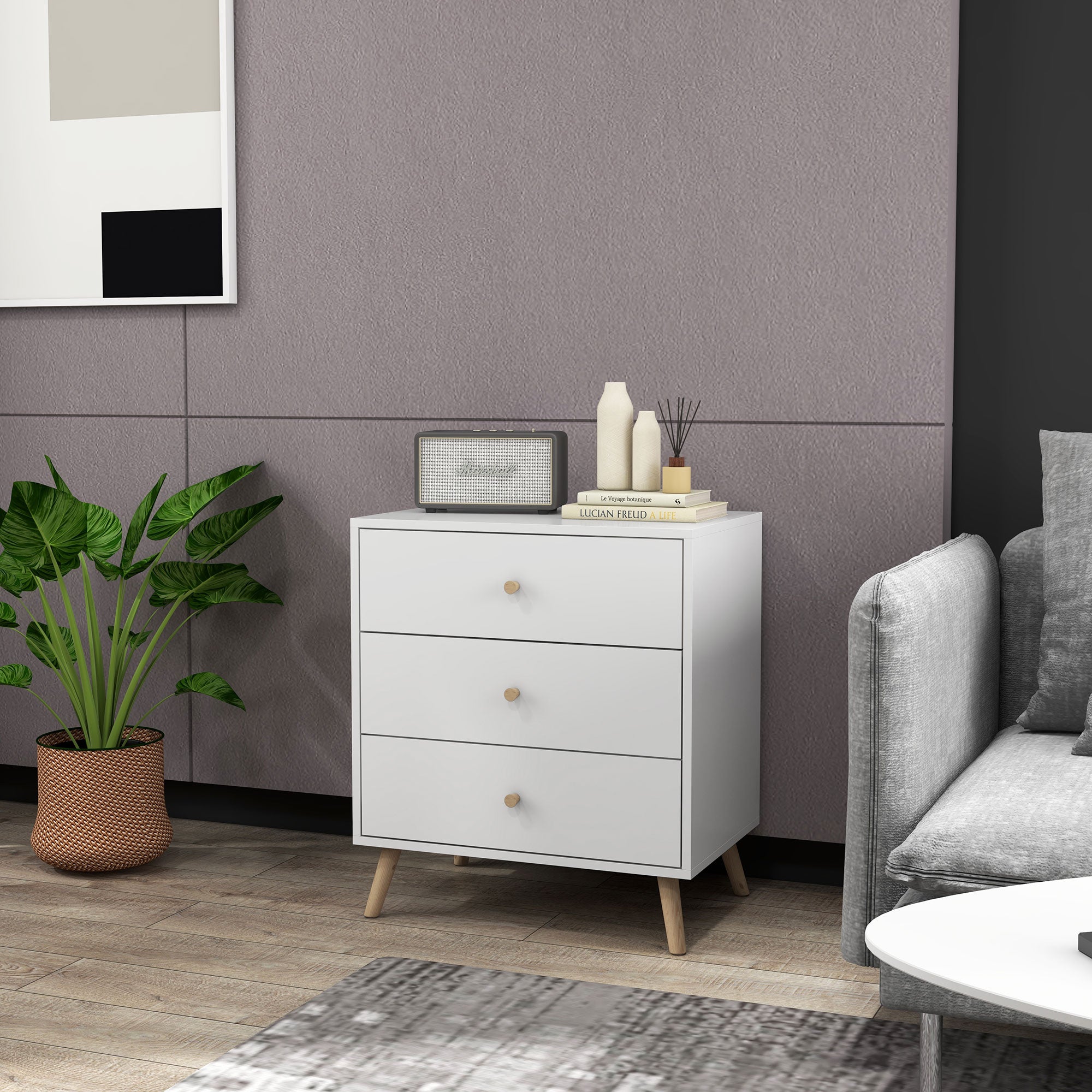 Commode 3 tiroirs Design scandinave Meuble de Rangement Chambre MDF Blanc poignée piètement effilé Bois Massif de pin - 4