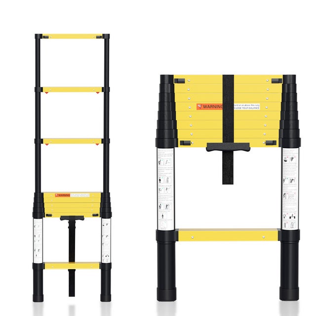 Scala Telescopica Fino A 150 Kg Stabile Scaletta In Alluminio 2,6 M Giallo+Nero Con Pulsante Di Rimozione ON