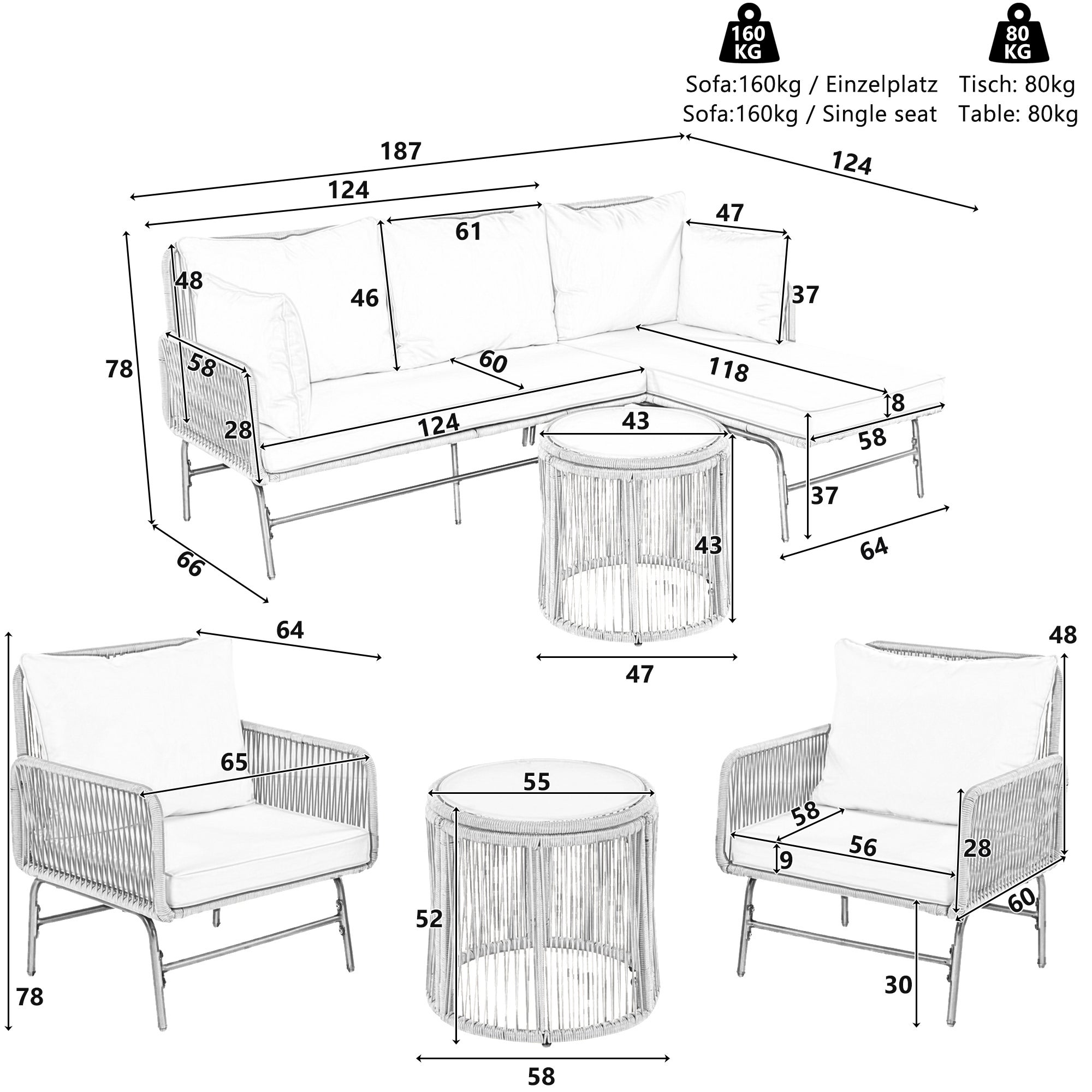 Ensemble Lounge de Jardin 6 Pièces, Canapés d'Extérieur en Fer et Corde Tressée Beige, 2 Fauteuils, 2 Canapés 2 Places, 2 Tables, Coussins Inclus - 3