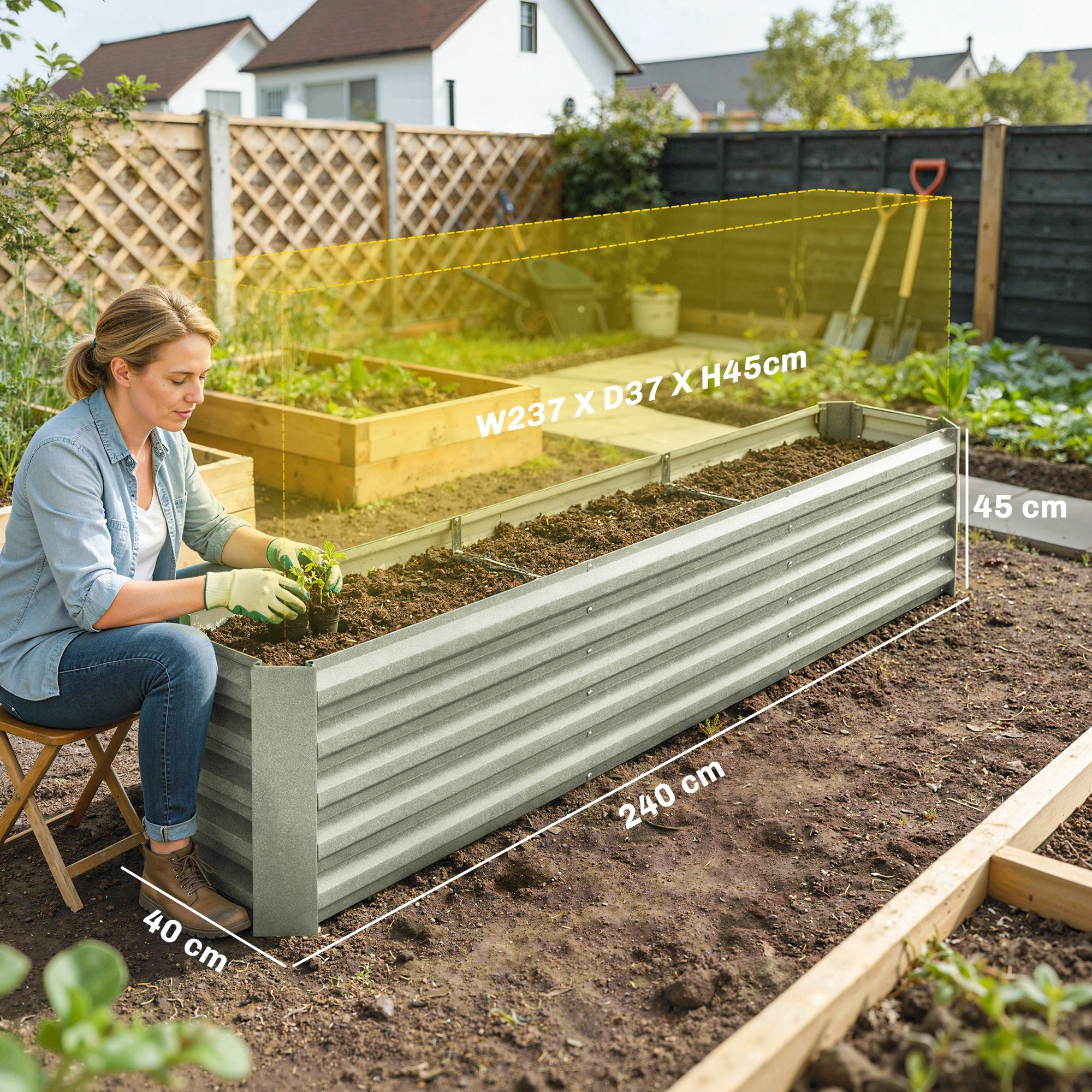 Carré potager - Outsunny - barres de soutien et plaques d'angle - fond ouvert - en acier galvanisé - 240 x 40 x 45 cm - gris argenté - 3