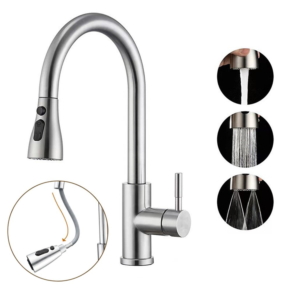 Wyciągana bateria kuchenna z wyciąganą wylewką prysznicową - Wyciągana bateria kuchenna z 3 trybami natrysku, obrotowa 360°, do stali nierdzewnej