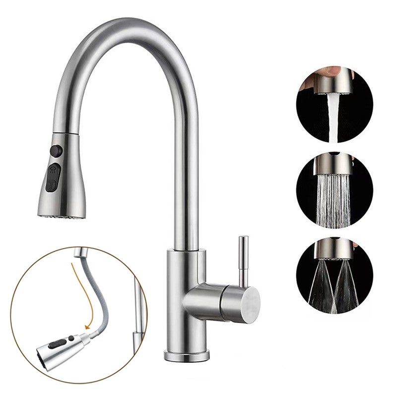 Wyciągana bateria kuchenna z wyciąganą wylewką prysznicową - Wyciągana bateria kuchenna z 3 trybami natrysku, obrotowa 360°, do stali nierdzewnej