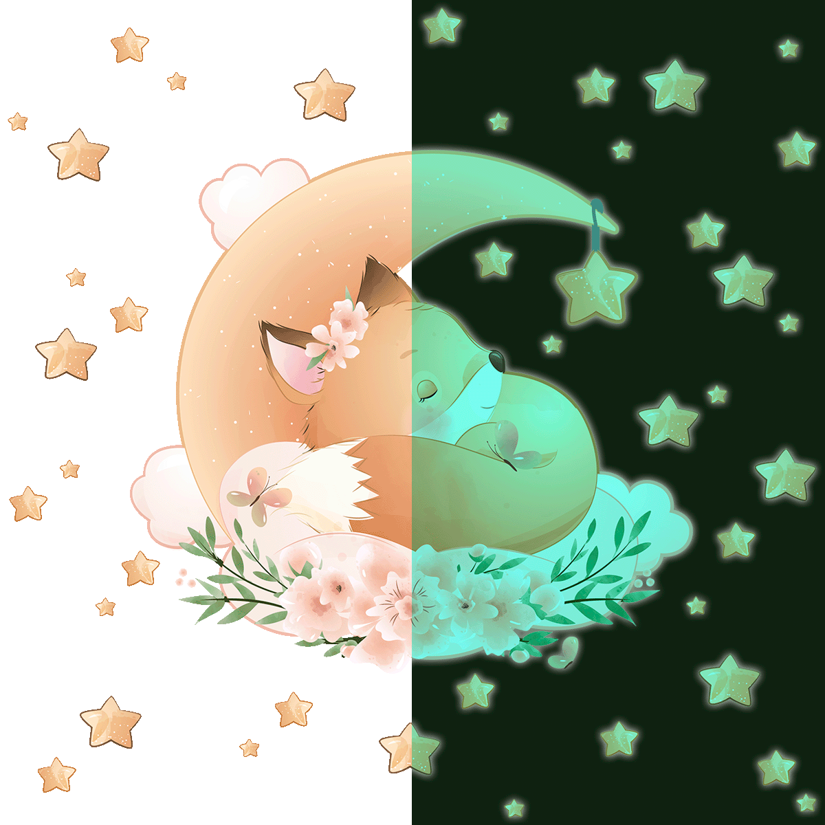 Adesivos fosforescente volpe tra le stelle + 40 stelle - Sticker adesivo - adesivi murali - 50x55cm - 2