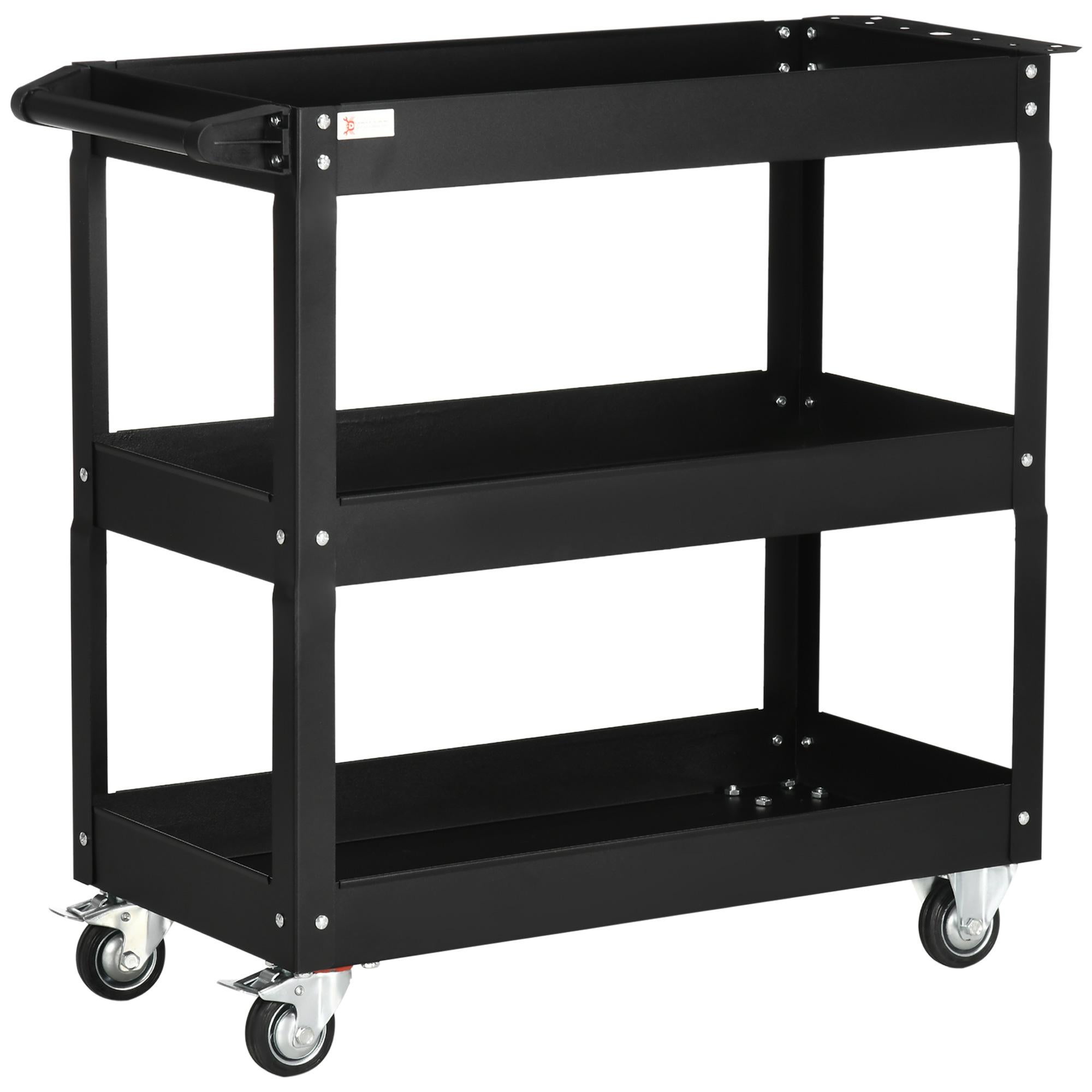 Carro de herramientas de acero negro 3 estantes con ruedas y freno 83x35,3x76cm carga máxima 150kg taller garaje almacen