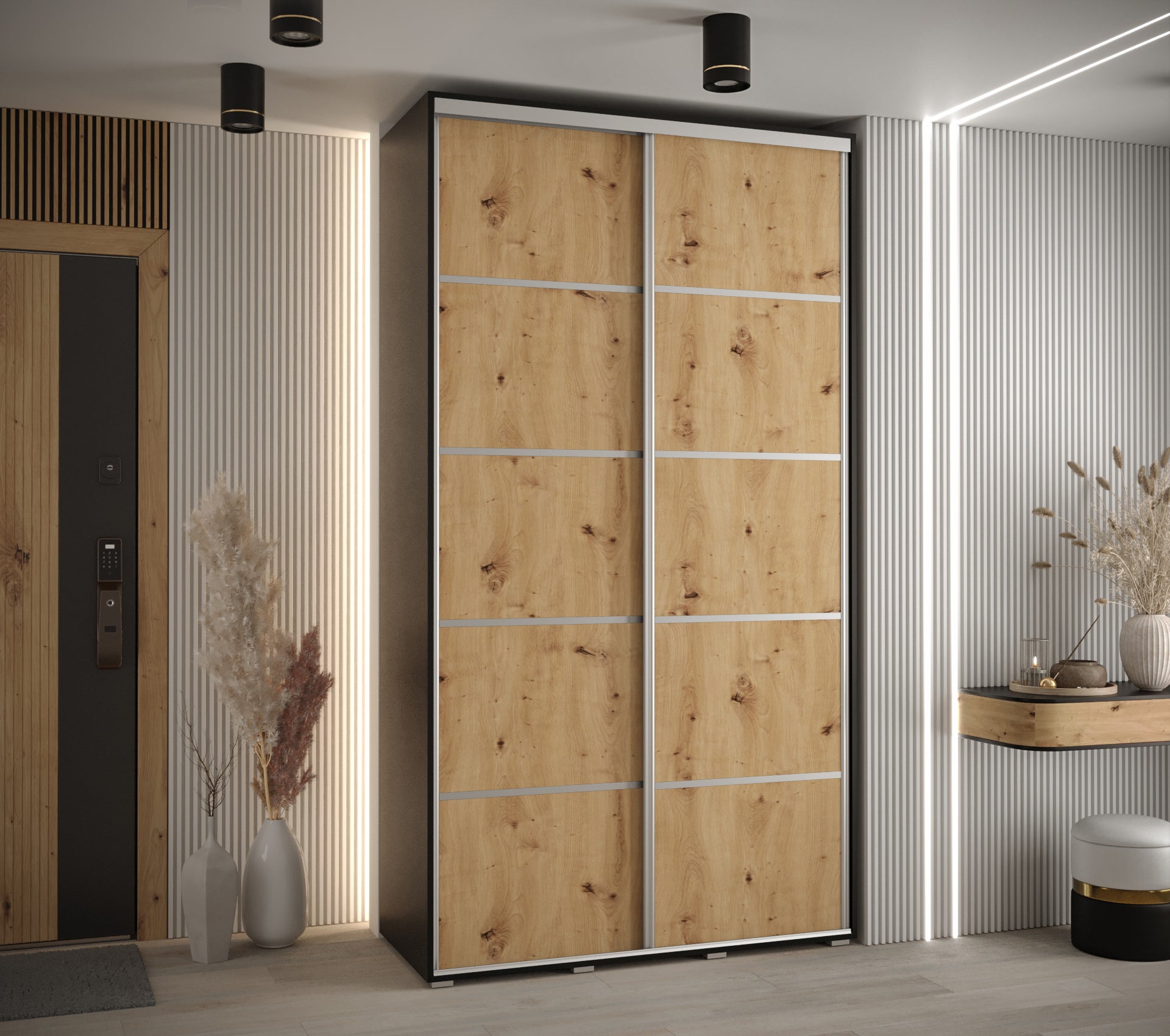 Szafa przesuwna wysoka Davos 4 130 x 45 x 235,2 cm czarny + artisan + u. srebrny - Abiks Meble - 2