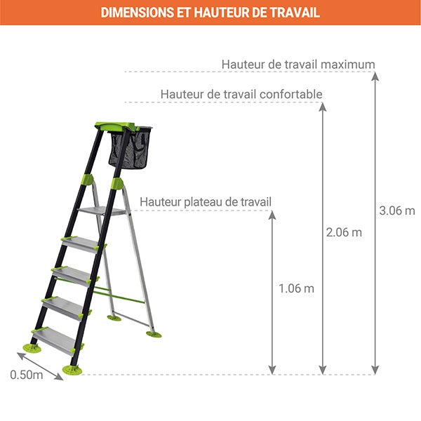 Escabeau de jardin 5 marches - Hauteur de travail maximale de 3.06m - 219205 - 2