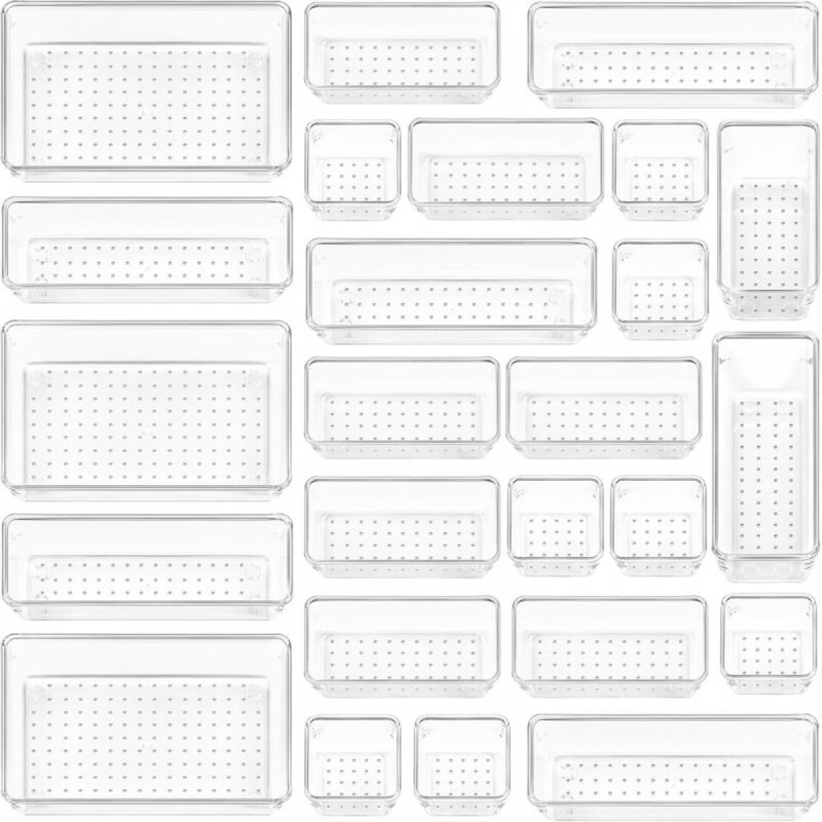 Lote de 25 organizadores de cajones de plástico transparente en 4 tamaños para baños, dormitorios, cocinas y oficinas