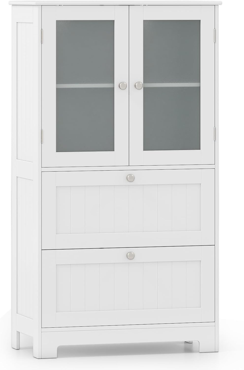Szafka Łazienkowa, 60 x 30 x 108 cm, Kolumna Łazienkowa z 2 Drzwiami z Hartowanego Szkła, Półka z 3 Regulowanymi Poziomami, Idealna do Salonu, Biała