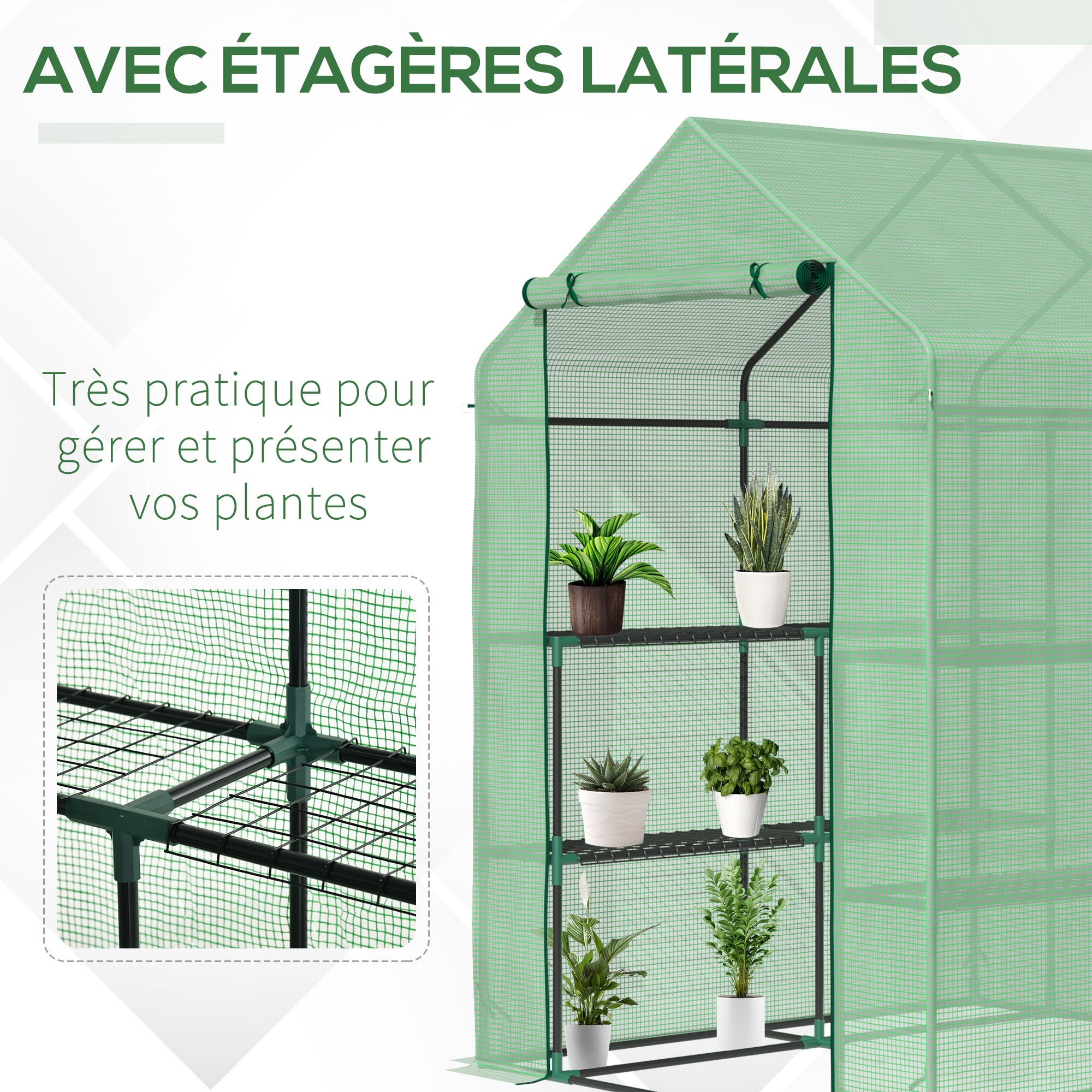 Serre de jardin à 3 étagères, petite serre de balcon en bâche PE renforcée 140 g/m², 143 x 138 x 190 cm, verte - 7