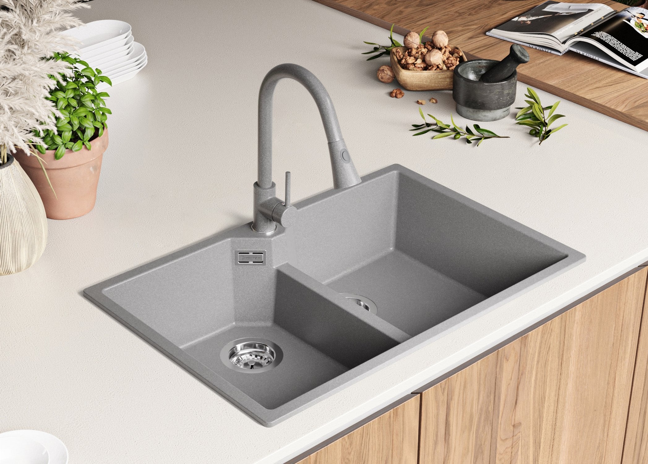 Zlewozmywak Szary 78x50cm, Zlew Kuchenny 2 Komorowy + Syfon, Nablatowy do szafki od 80cm - Madryt Twin PRIMAGRAN