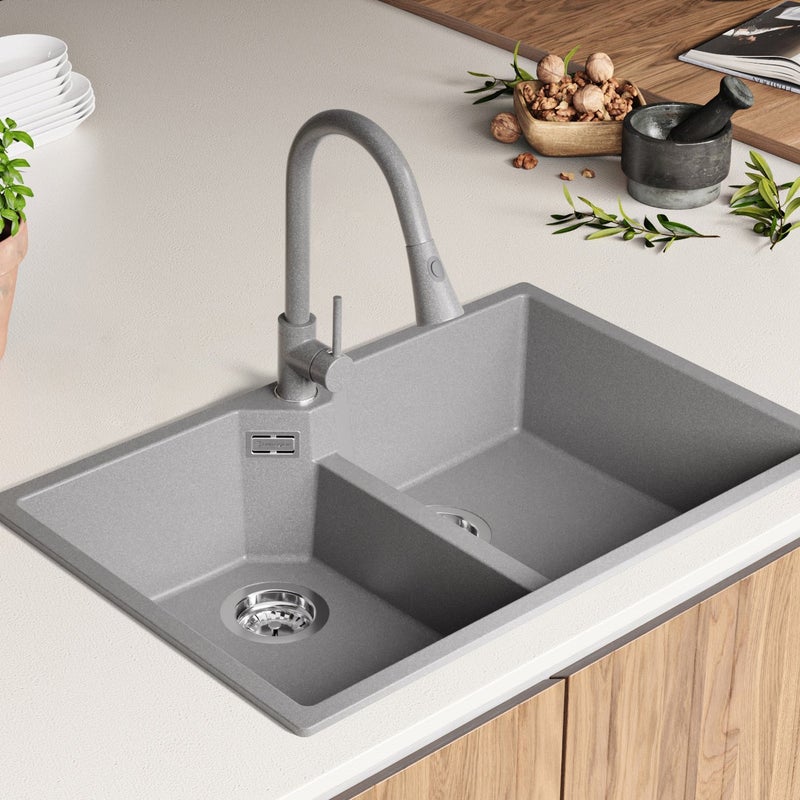 Zlewozmywak Szary 78x50cm, Zlew Kuchenny 2 Komorowy + Syfon, Nablatowy do szafki od 80cm - Madryt Twin PRIMAGRAN