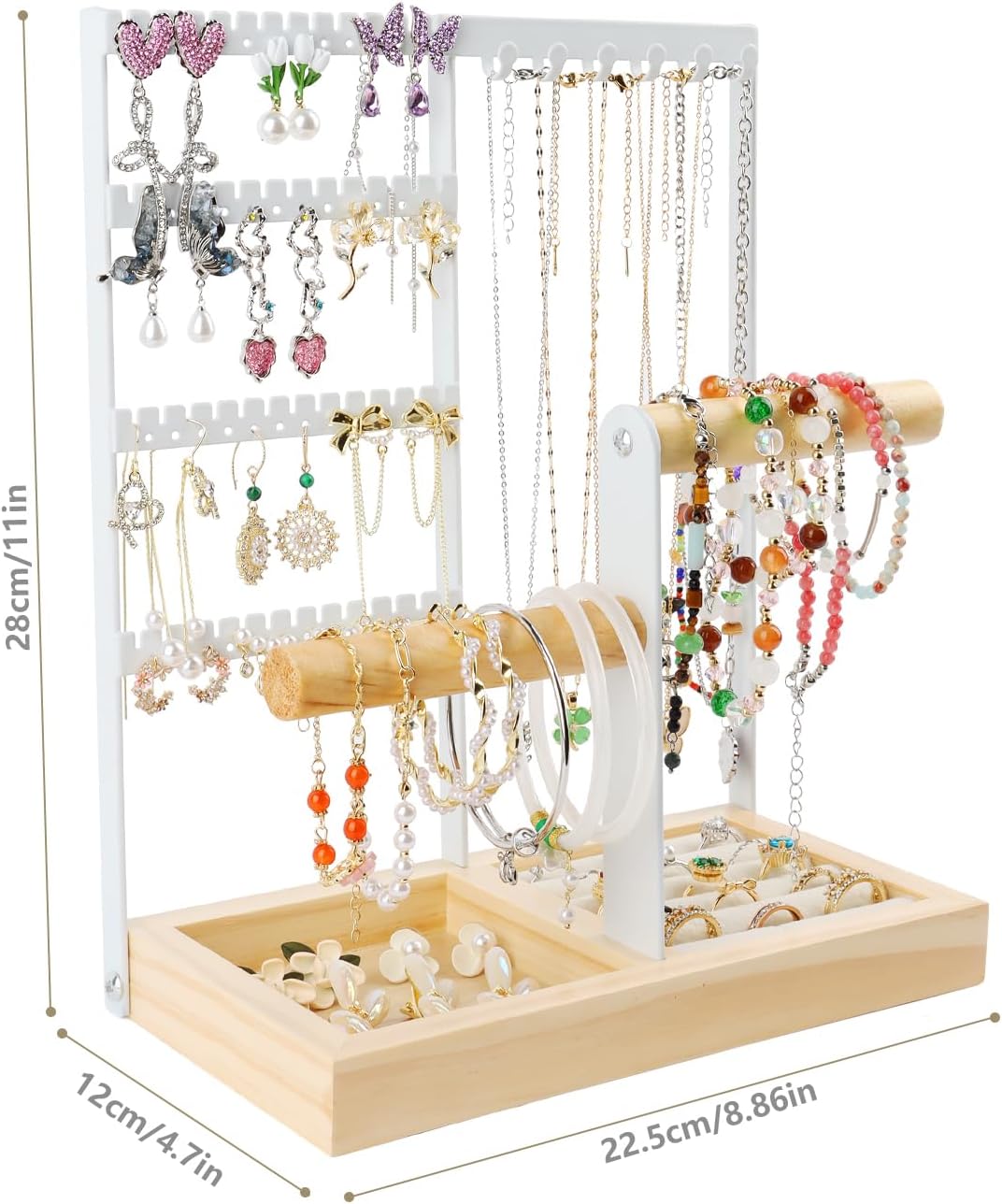 Présentoir à Bijoux, Présentoir à bijoux porte-chaîne avec Base en Bois, Porte Collier Boucles d’Oreille, Organisateur de Bijoux pour bagues - 5