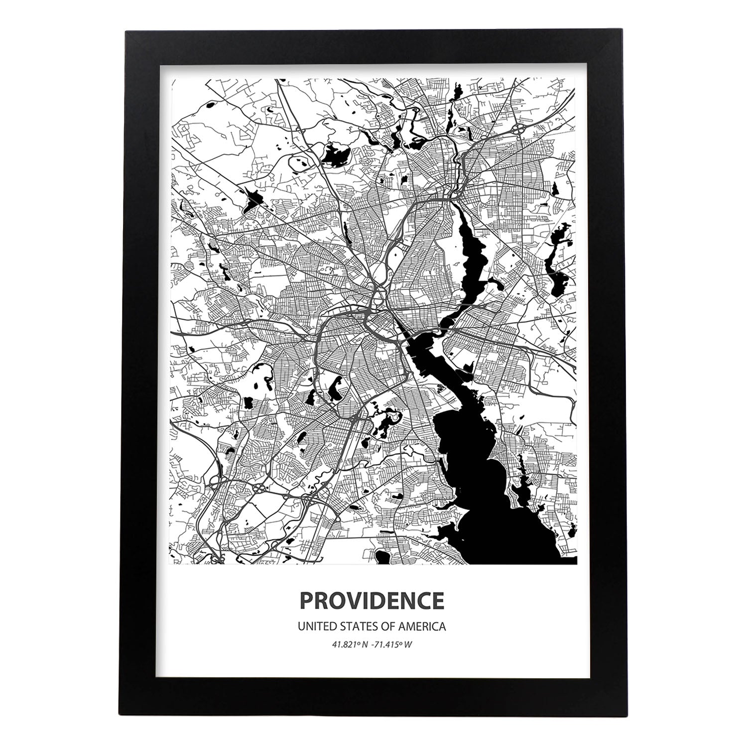Poster con mapa de providence usa láminas de ciudades de estados unidos con mares y ríos en color negro