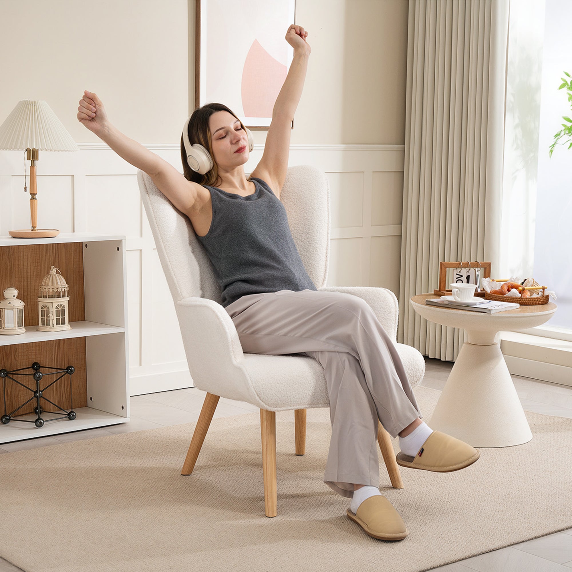 Fauteuil de salon en tissu bouclé, capitonné et rembourré, pieds en bois, 71 x 74 x 96 cm, beige - 9