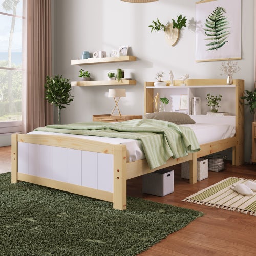 Letto singolo in legno massiccio con testiera contenitore, 90 x