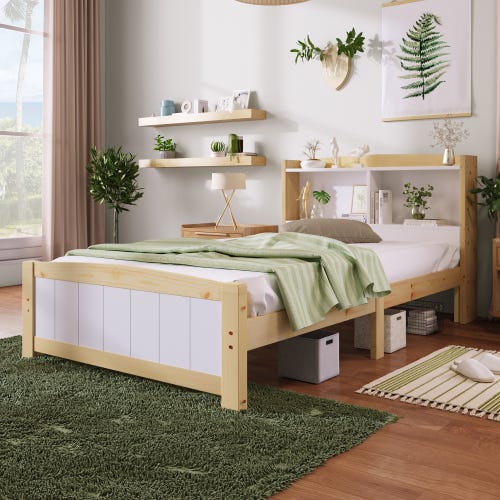 Letto singolo in legno massiccio con testiera contenitore, 90 x