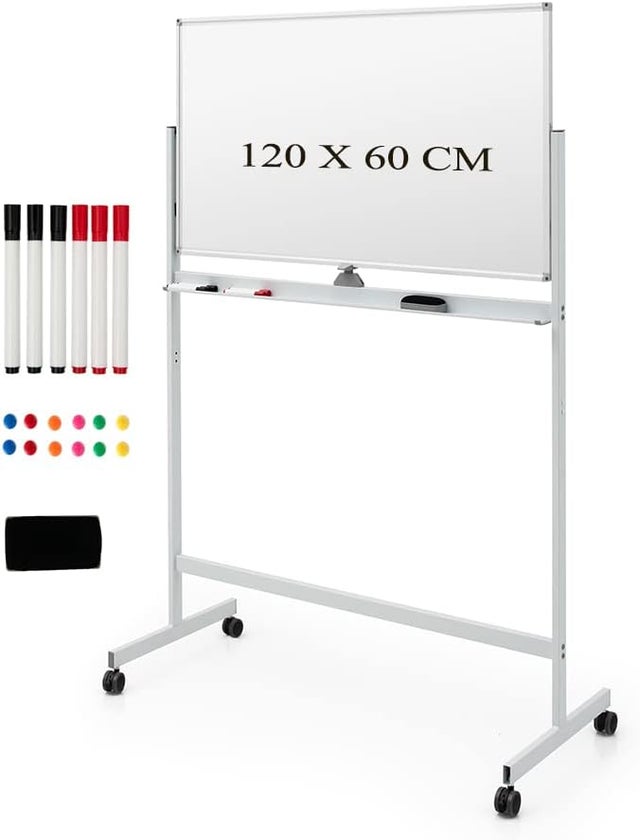LIFEZEAL Tableau Blanc Double Face 120 x 60 cm, Tableau Magnétique Réglable en Hauteur 145/165 cm avec 6 Stylos et Roulettes Verrouillables(Blanc)