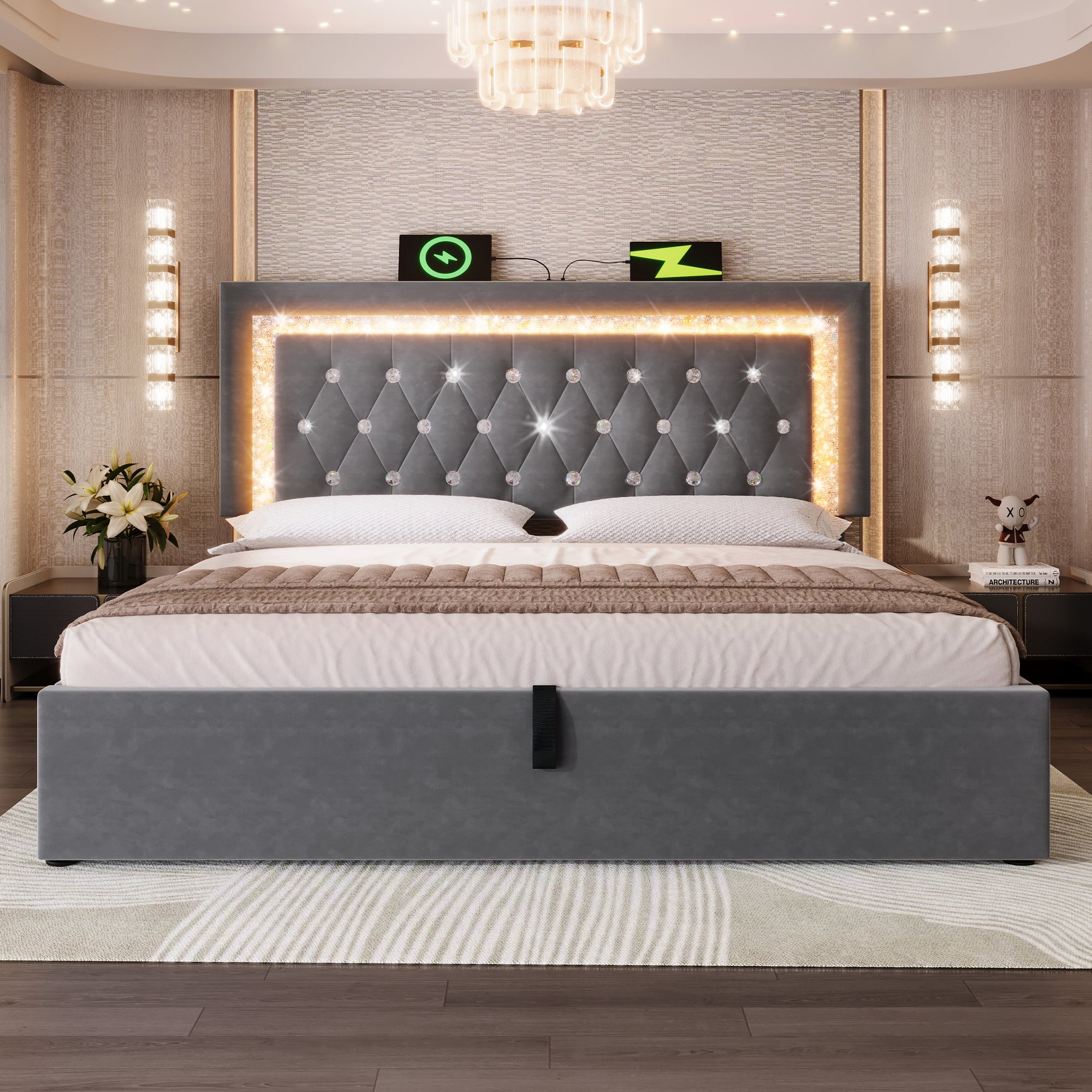 Łóżko z pojemnikiem na pościel 140 x 200 cm i zagłówkiem - Tkanina aksamitna - Diody LED - Porty USB i typu C - Szare (Materac w zestawie) - 9