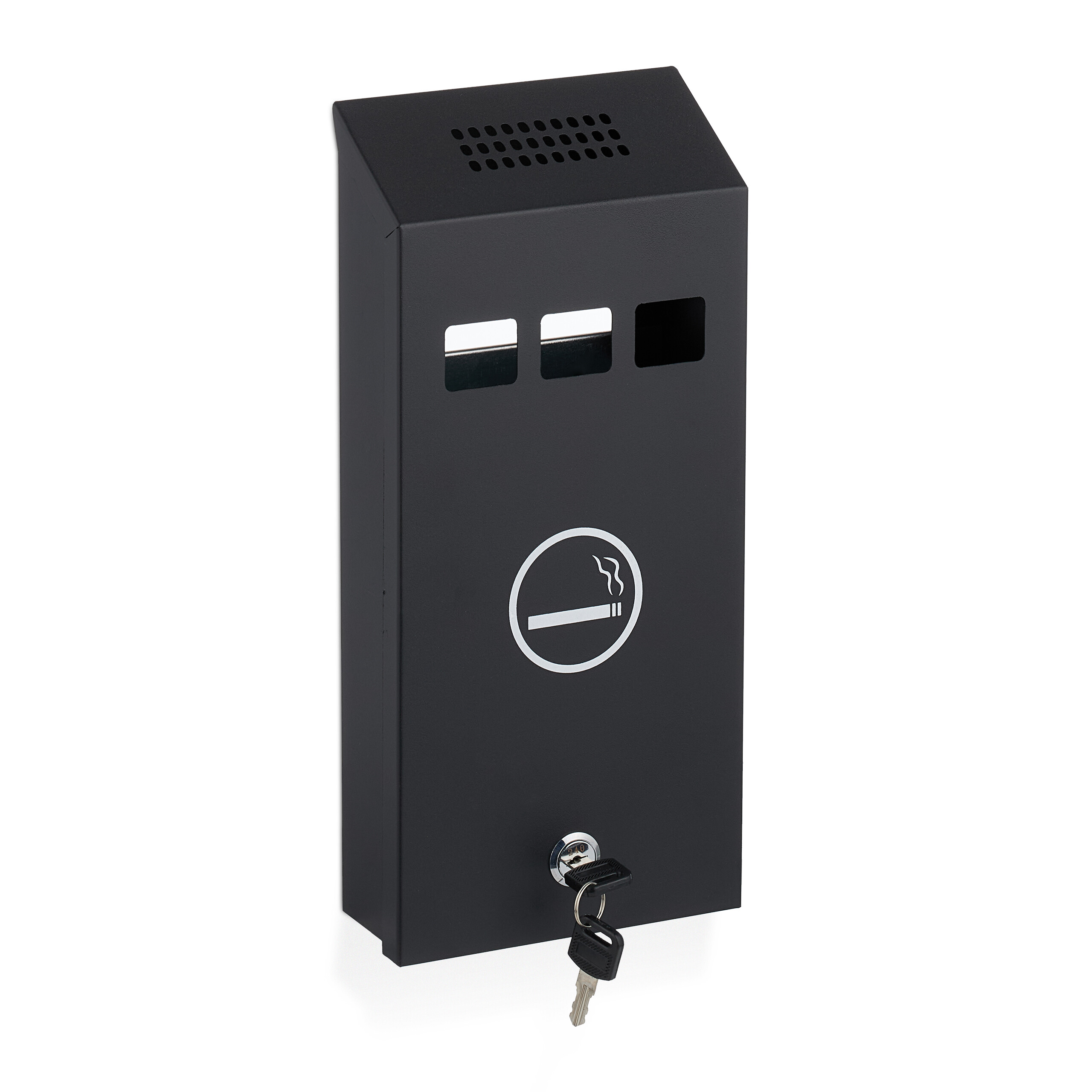 Relaxdays cenicero de pared para exterior con cerradura, de metal, montaje mural, medidas: 32,5 x 15 x 6 cm, negro